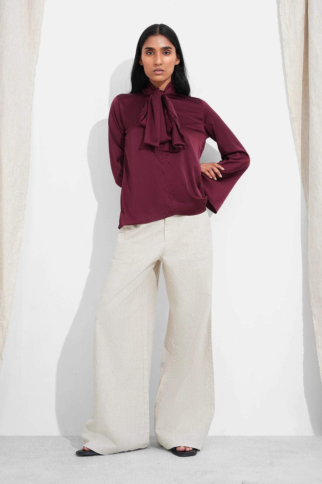 Maroon Satin Tie Neck Top