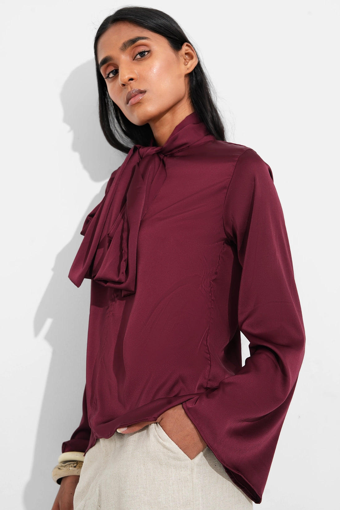 Maroon Satin Tie Neck Top