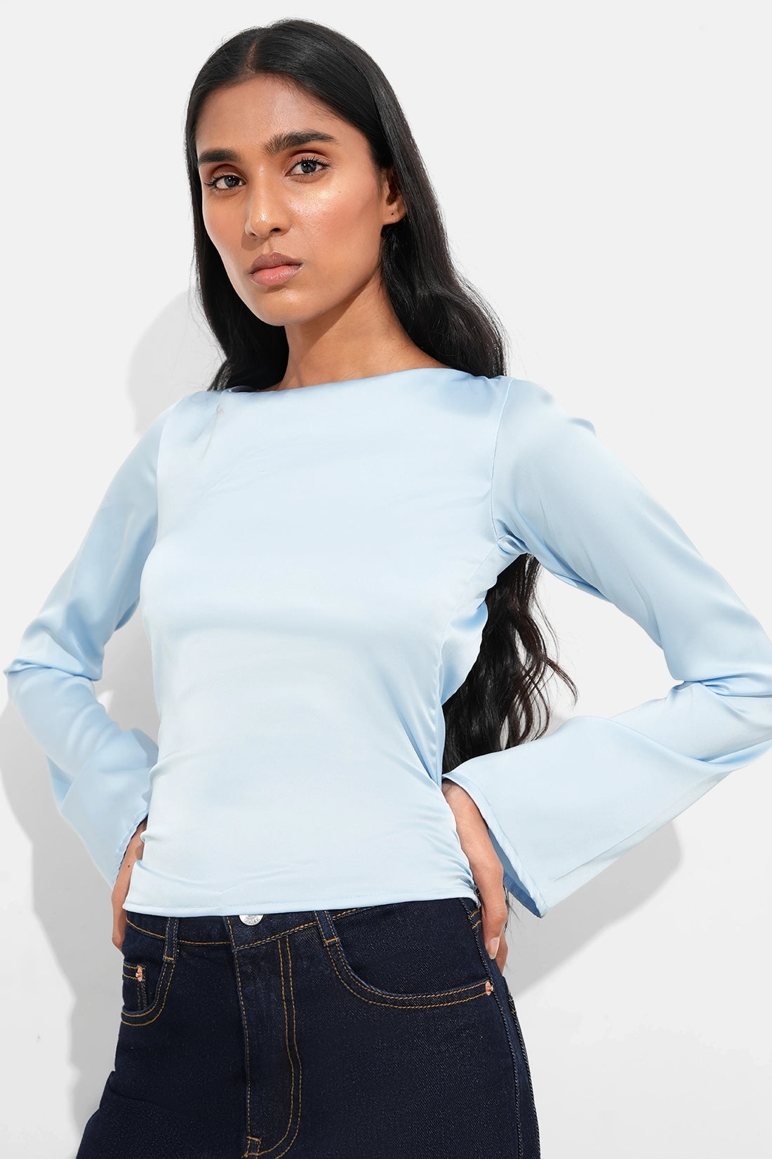 Blue Open Back Satin Tie Top