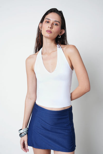 White Halter-Neck Polyamide Top