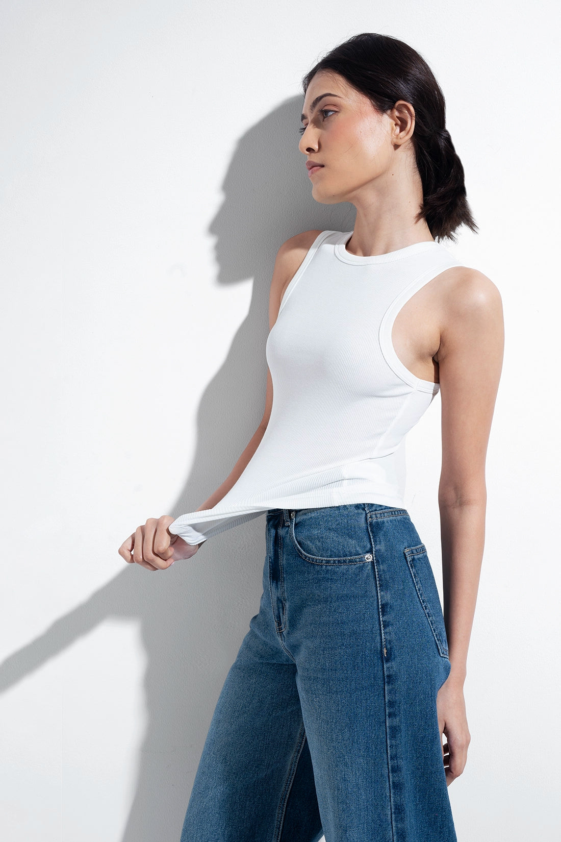 White Ribbed Round Neck Top