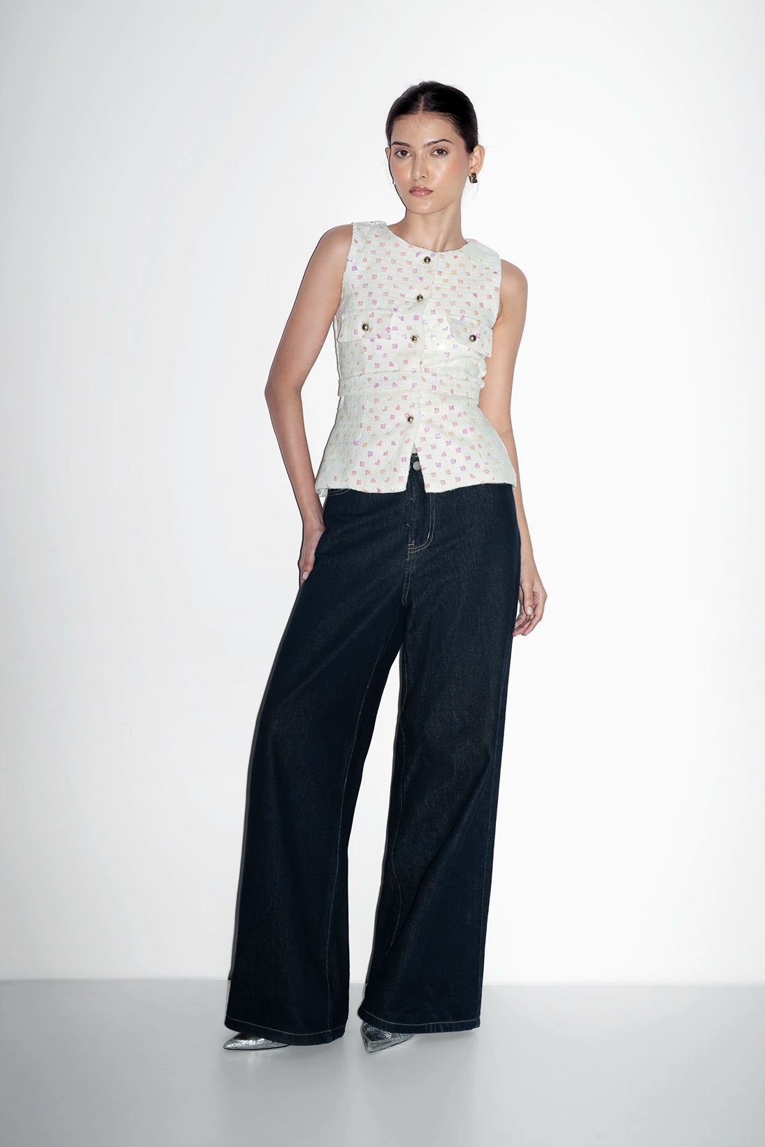 White Sequin Tweed Belted Vest