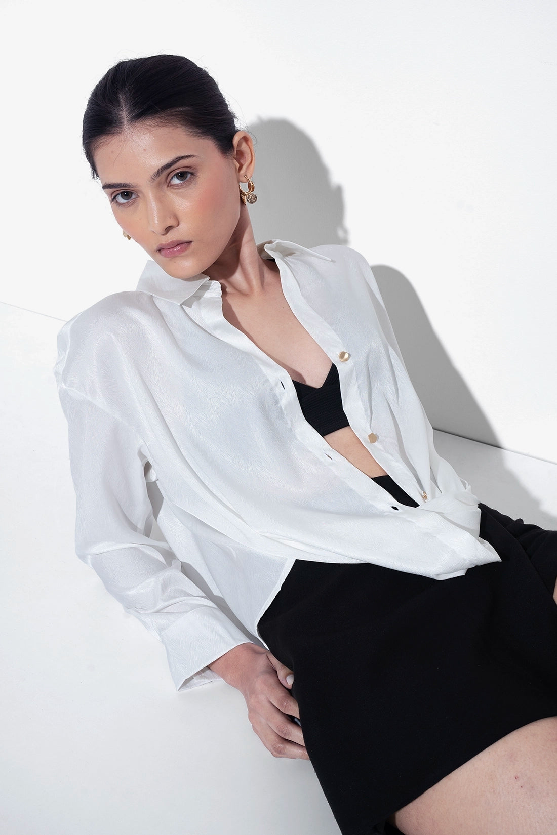 White Textured Satin Knot Shirt