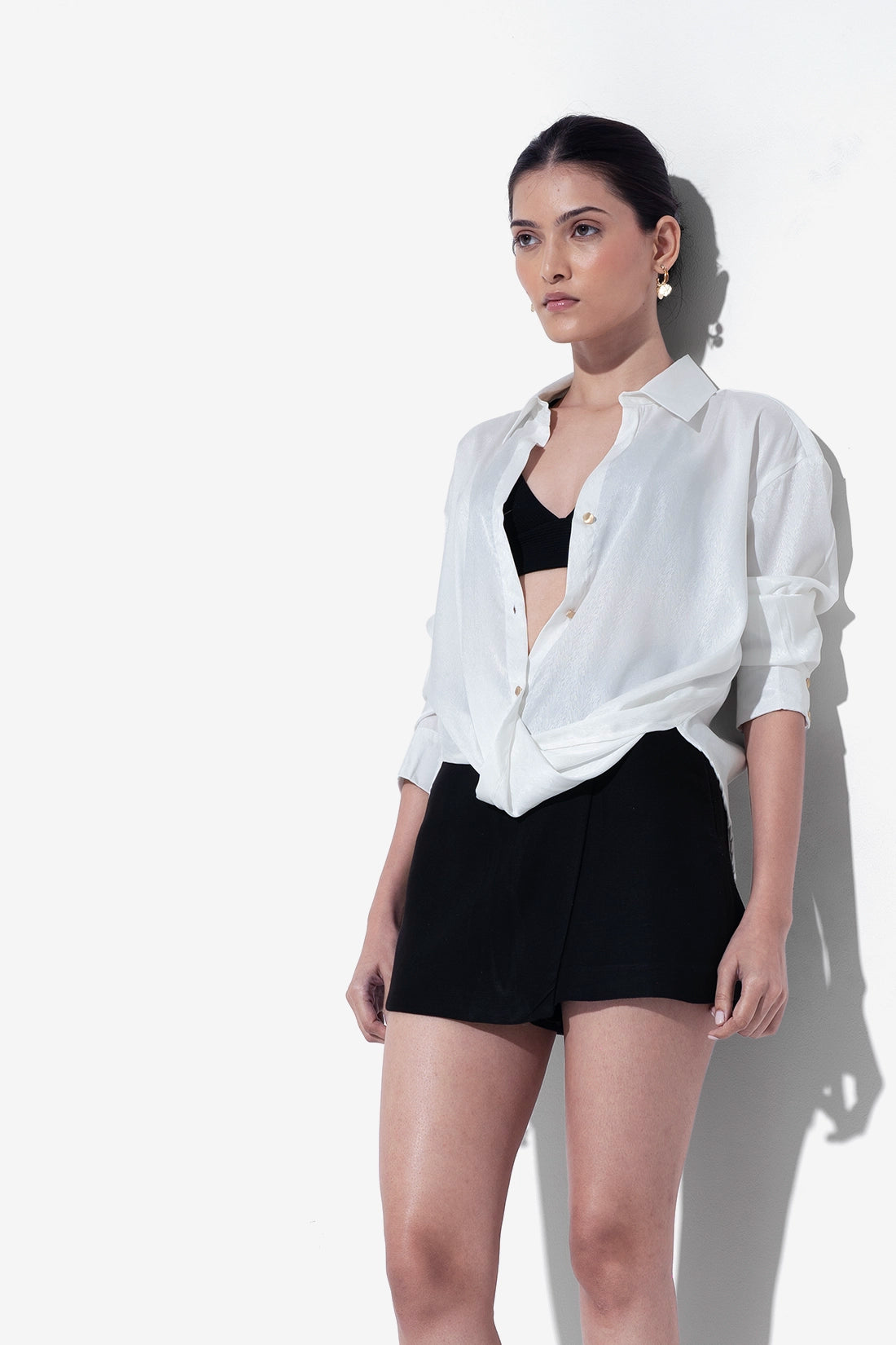 White Textured Satin Knot Shirt