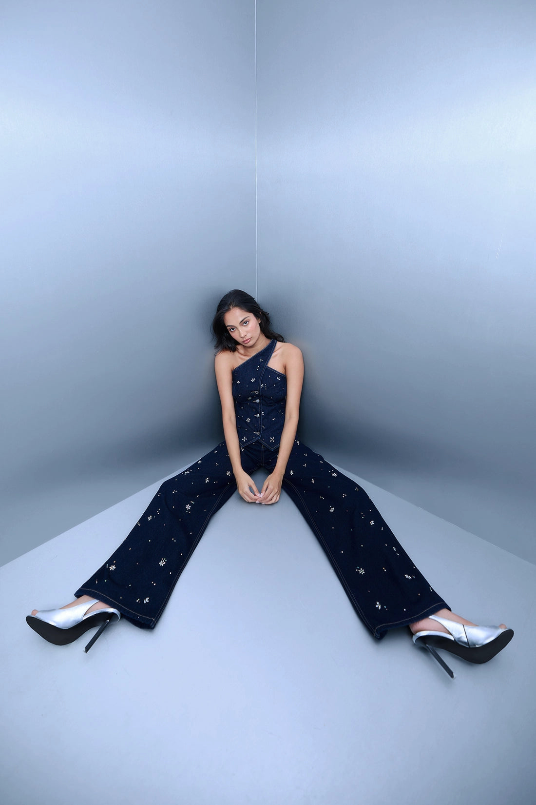 Raw Wash Rhinestone Straight-Leg Jeans