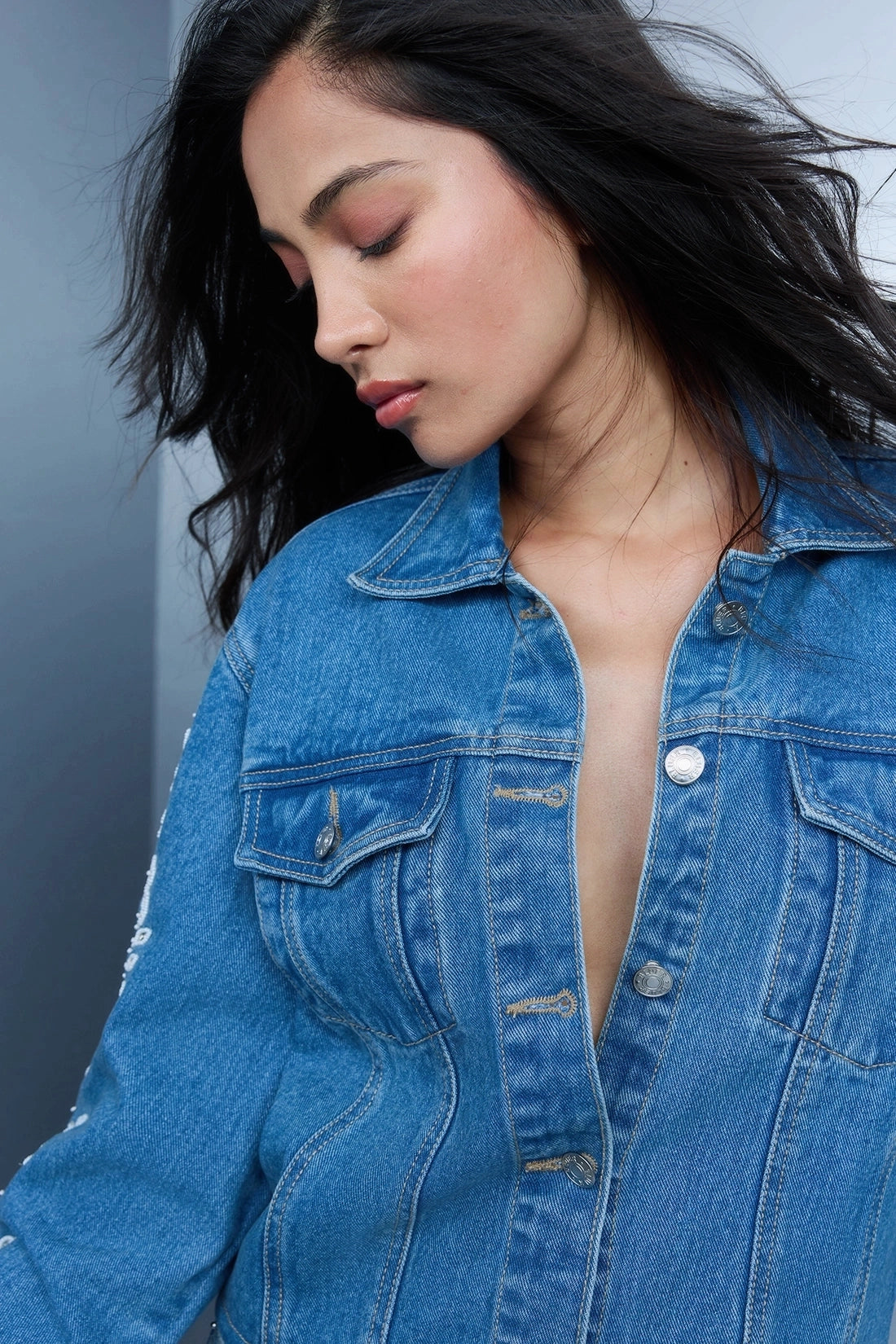 Hand Embroidered Floral Jacket - Blue