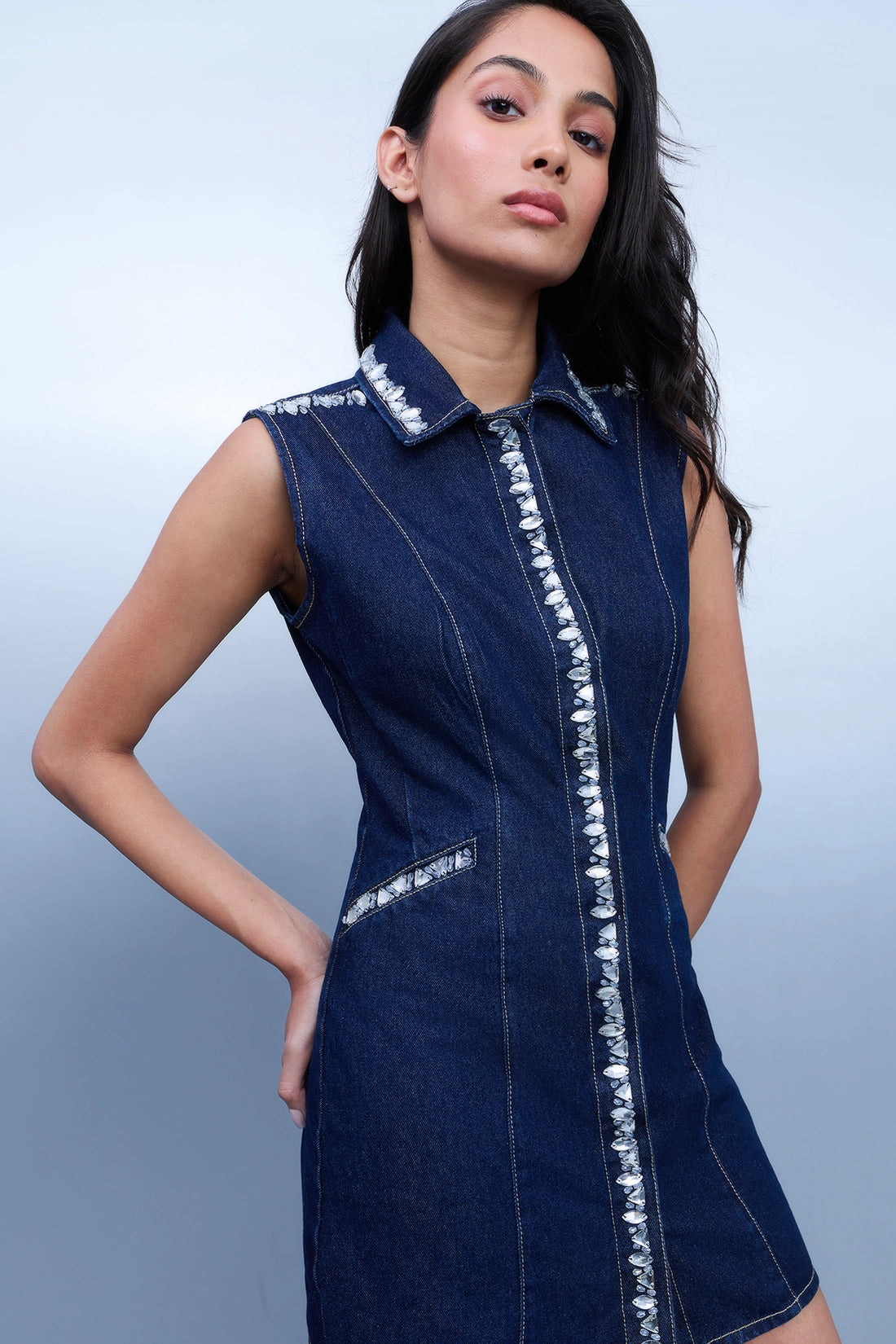 Crystal Embellished Denim Dress