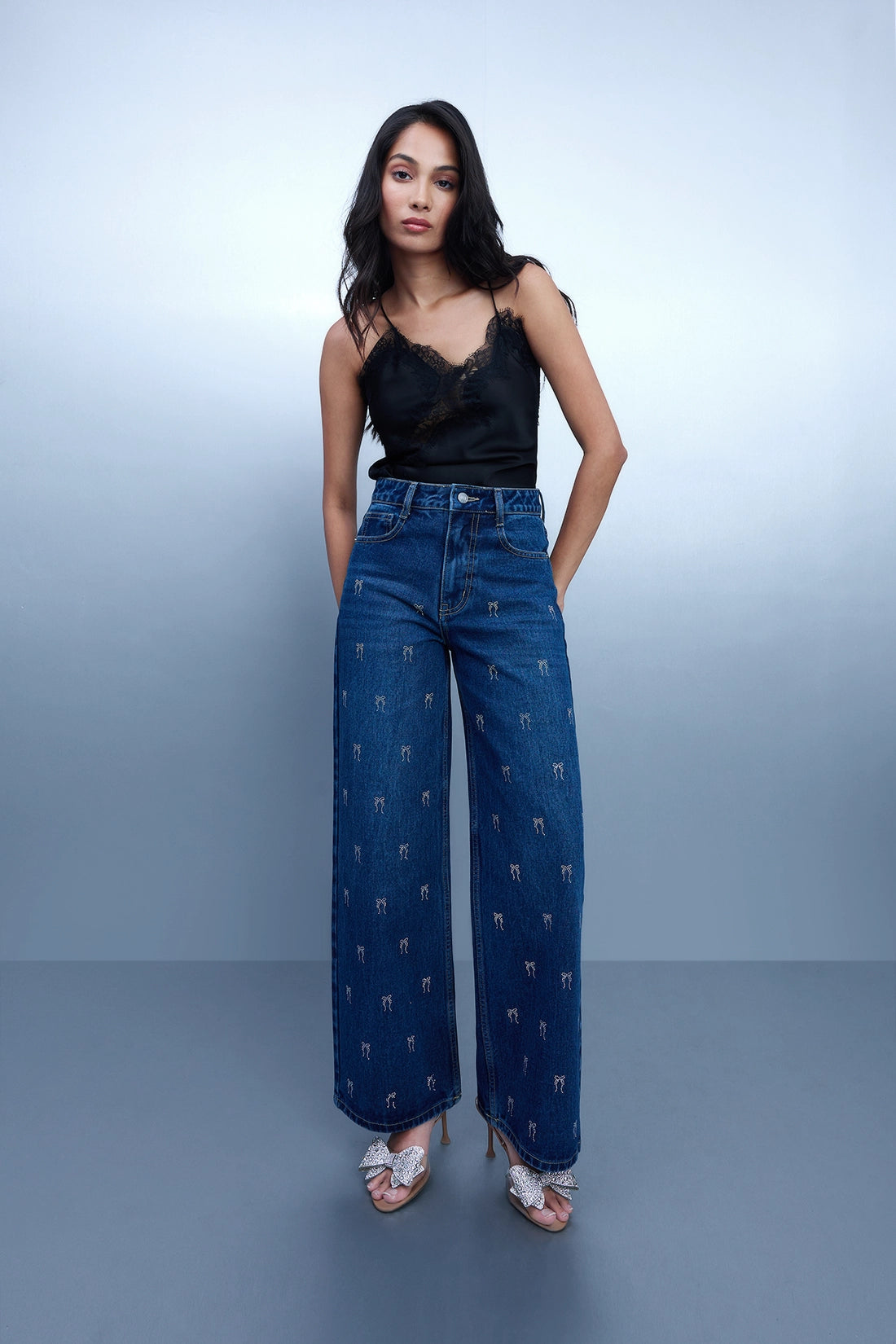 Bow Studded Straight-Leg Jeans