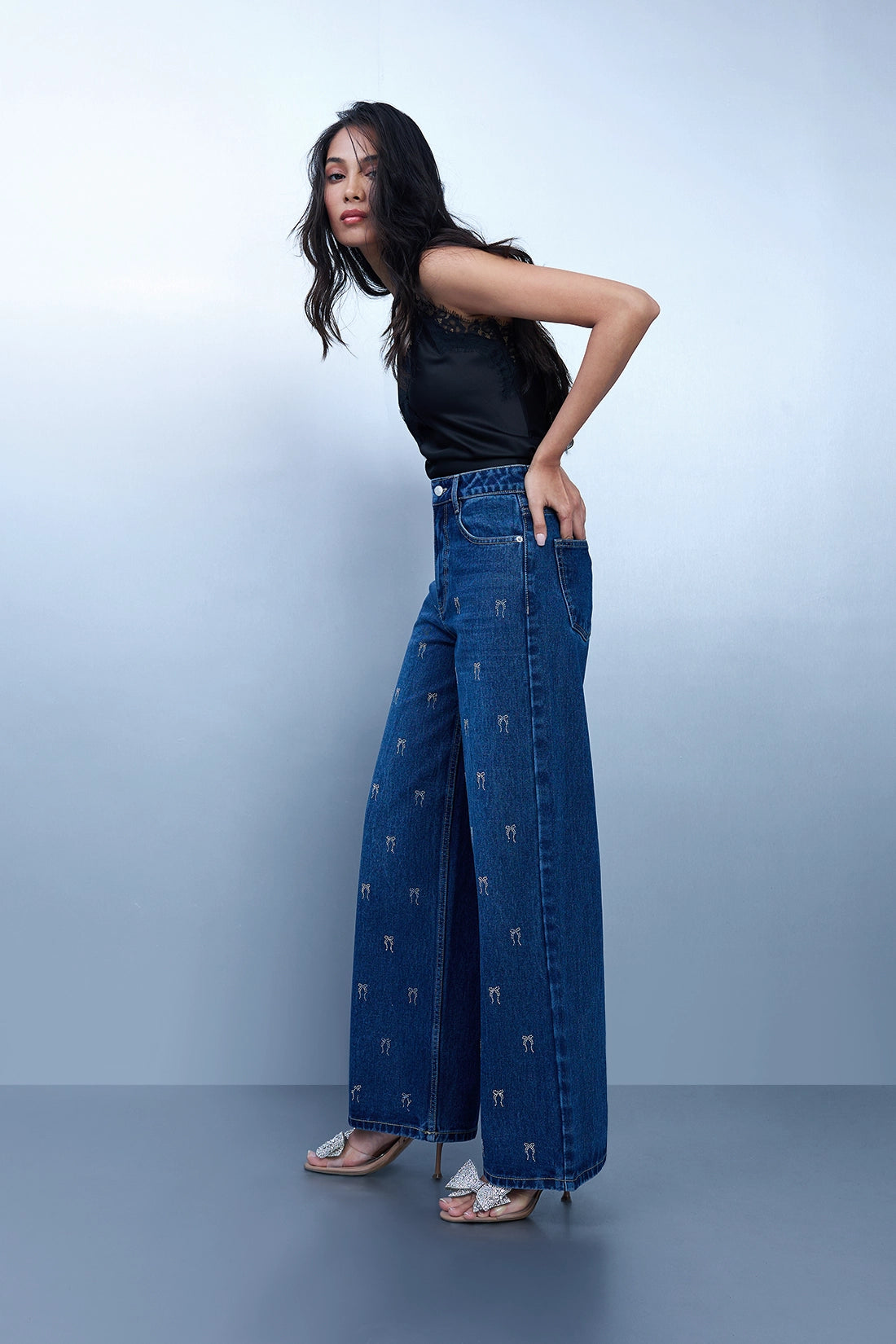 Bow Studded Straight-Leg Jeans