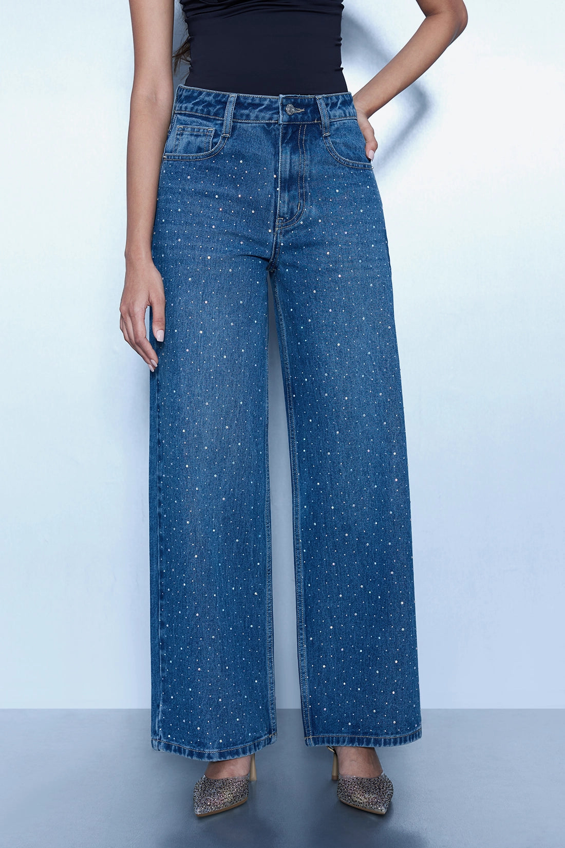 Studded High Rise Straight Jeans - Blue