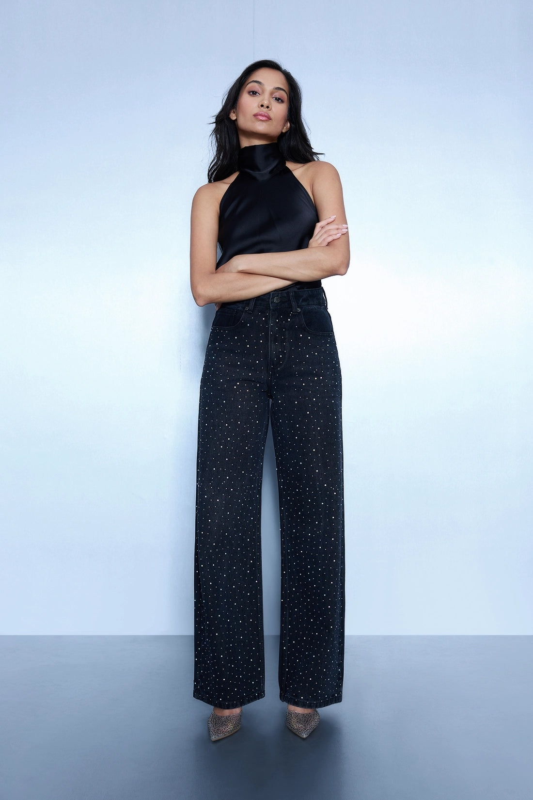 Studded High Rise Straight Jeans - Black