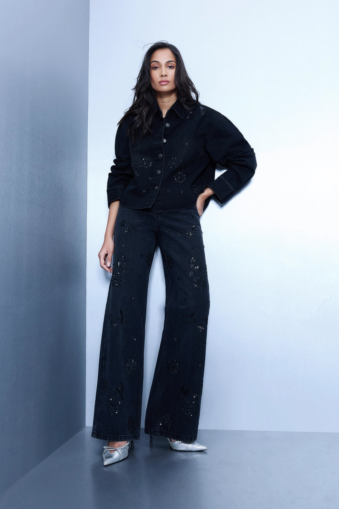 Hand Embroidered Floral Straight Jeans - Black