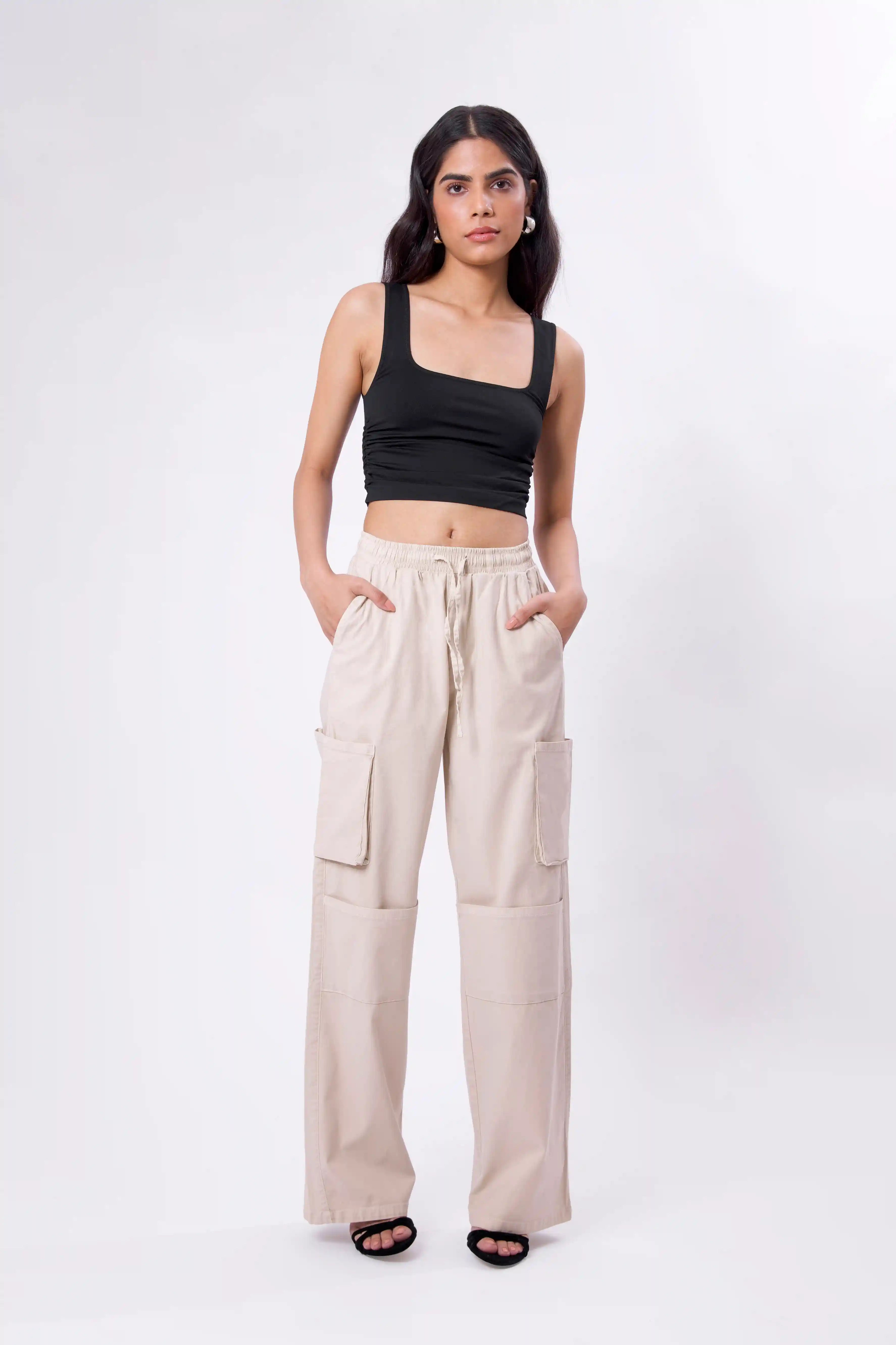 Beige Flowy Cargo Trouser