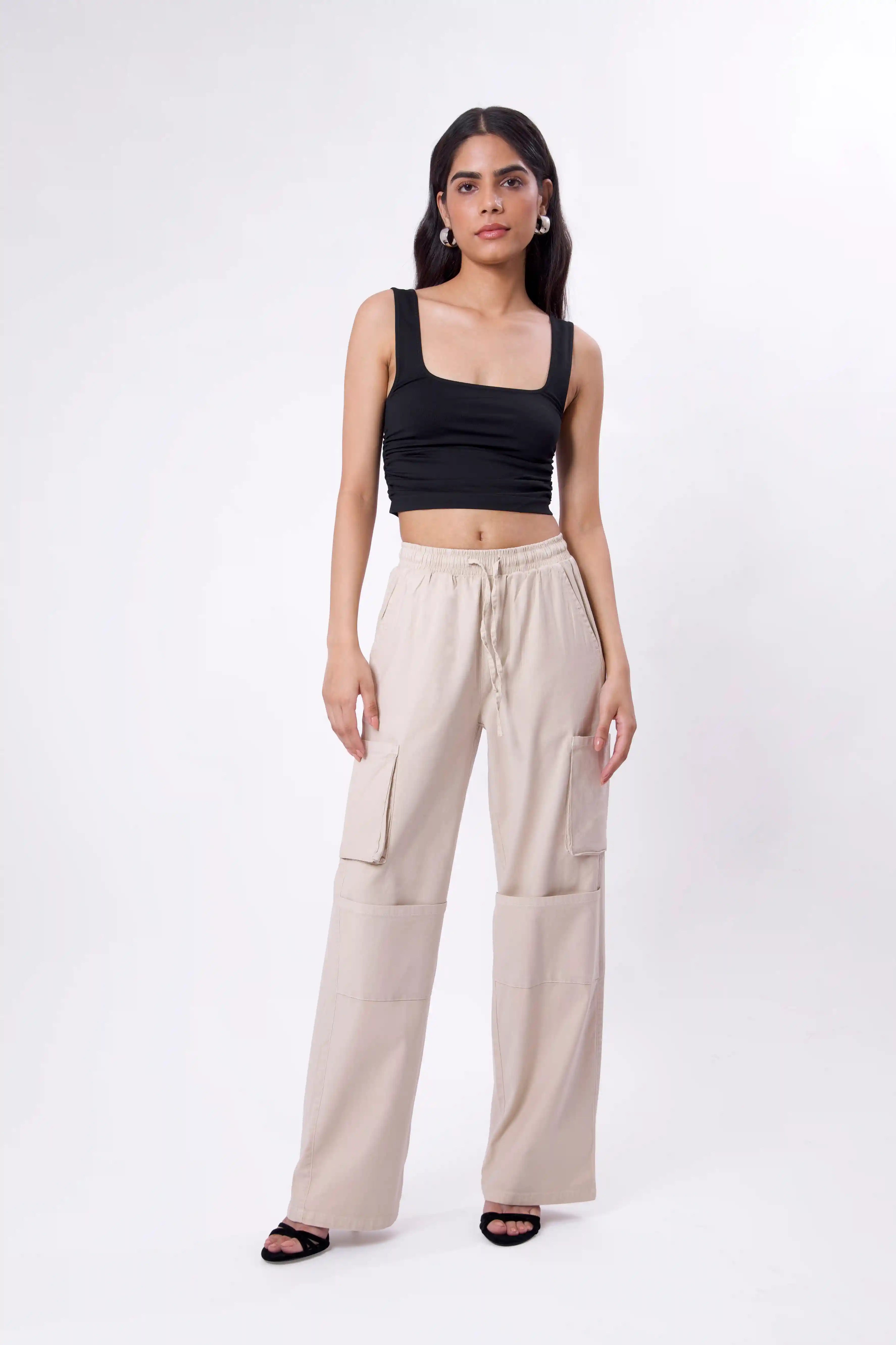 Beige Flowy Cargo Trouser