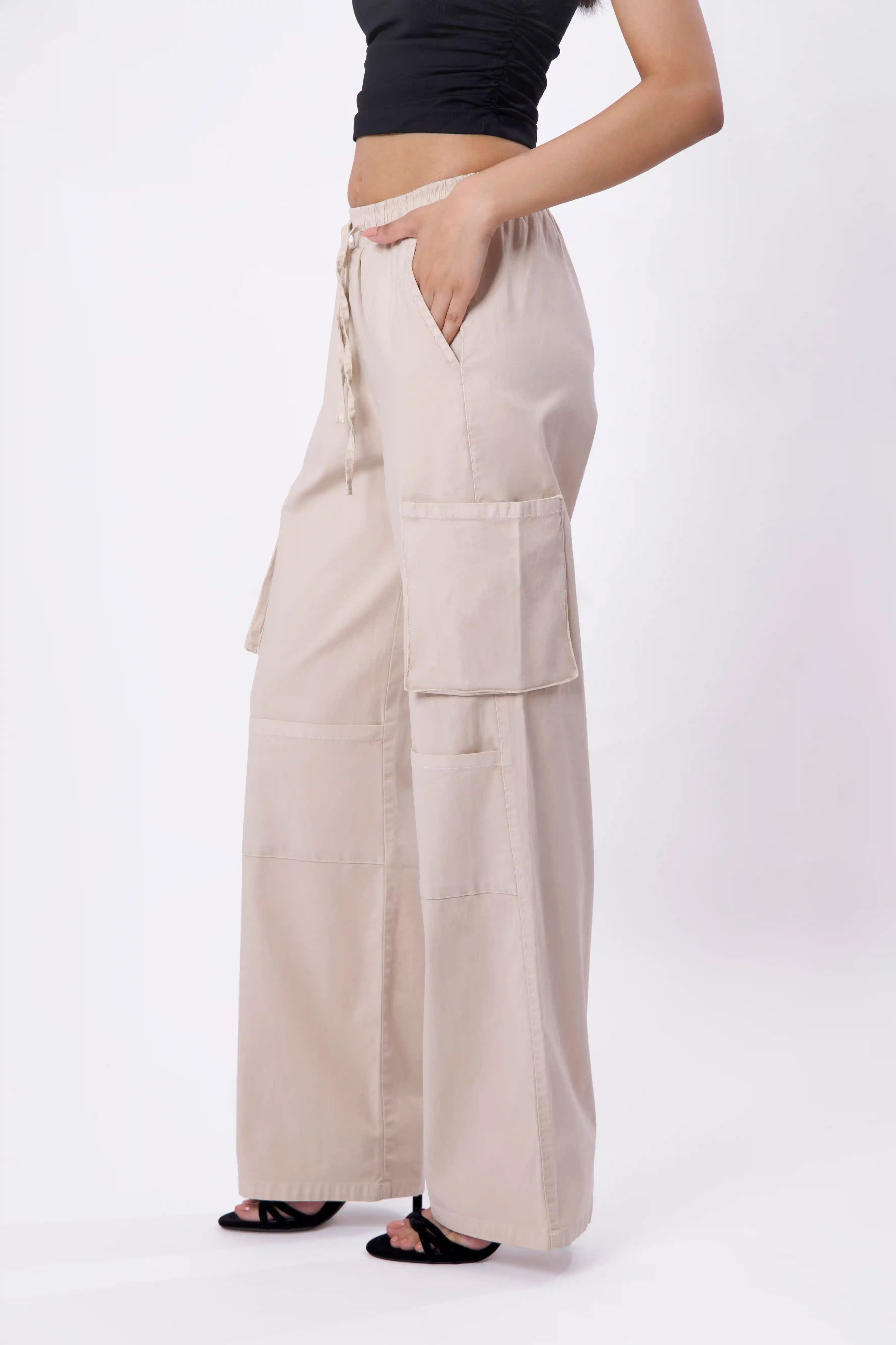 Beige Flowy Cargo Trouser