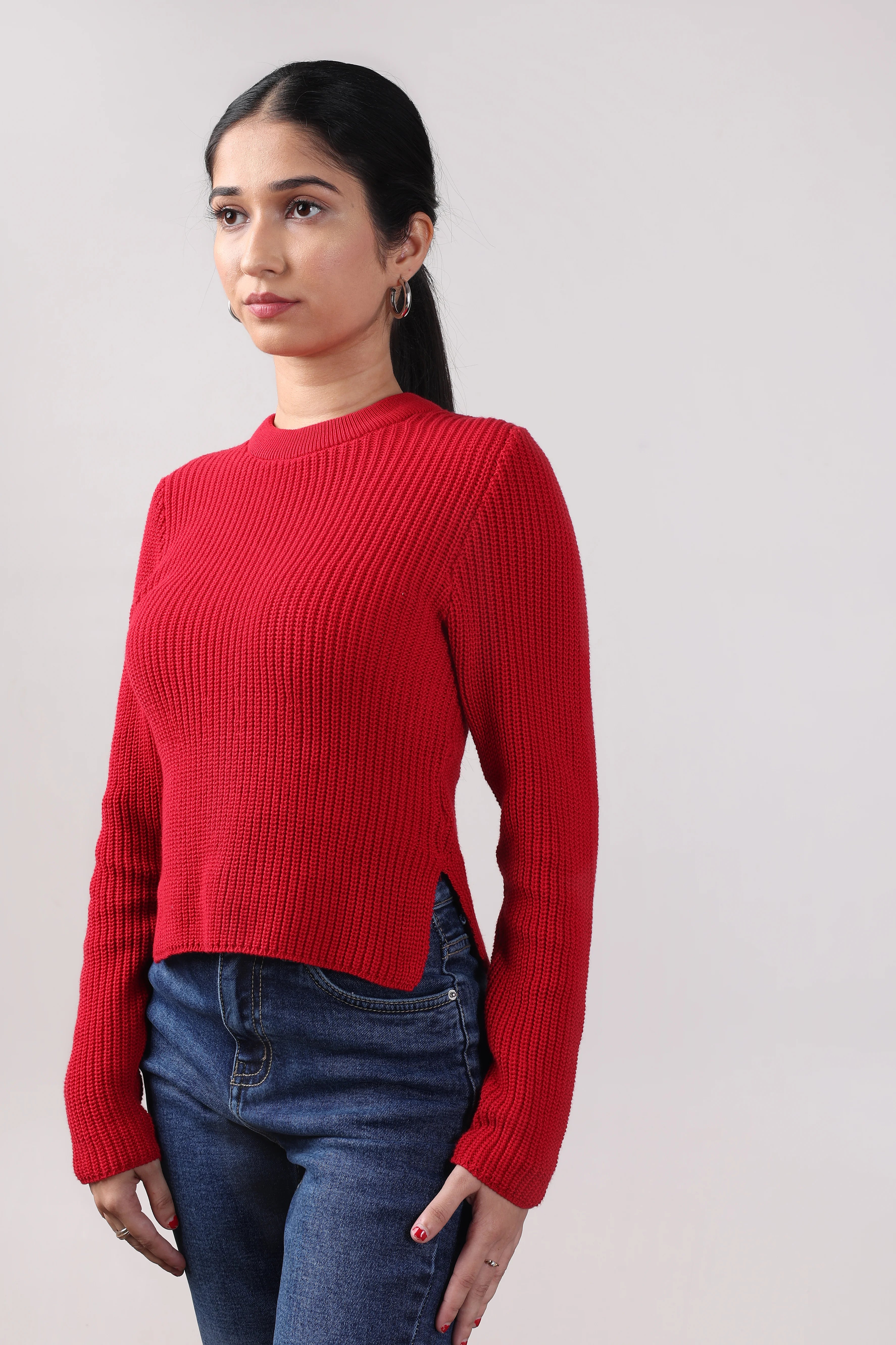 Red Knit Slit Top