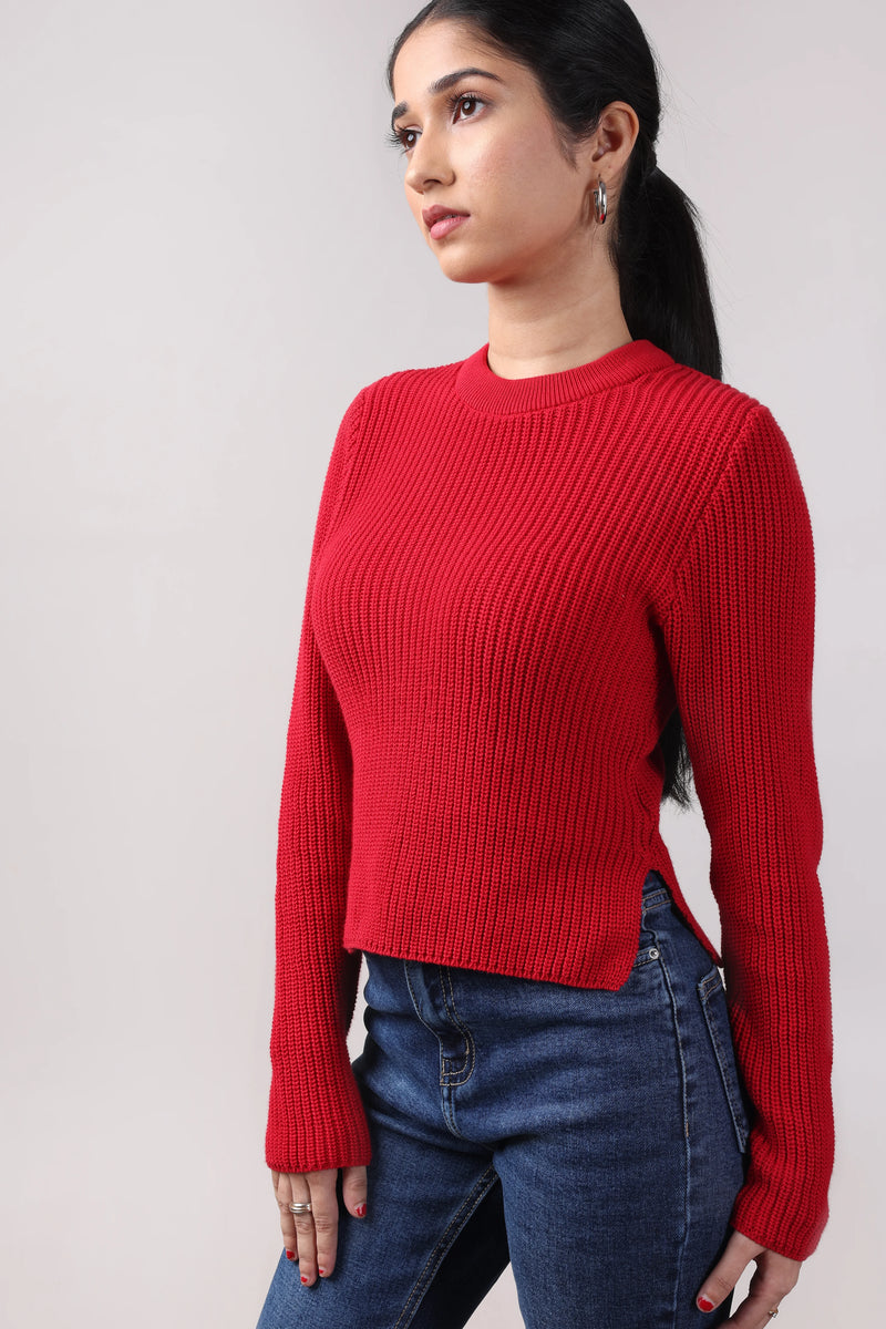 Red Knit Slit Top