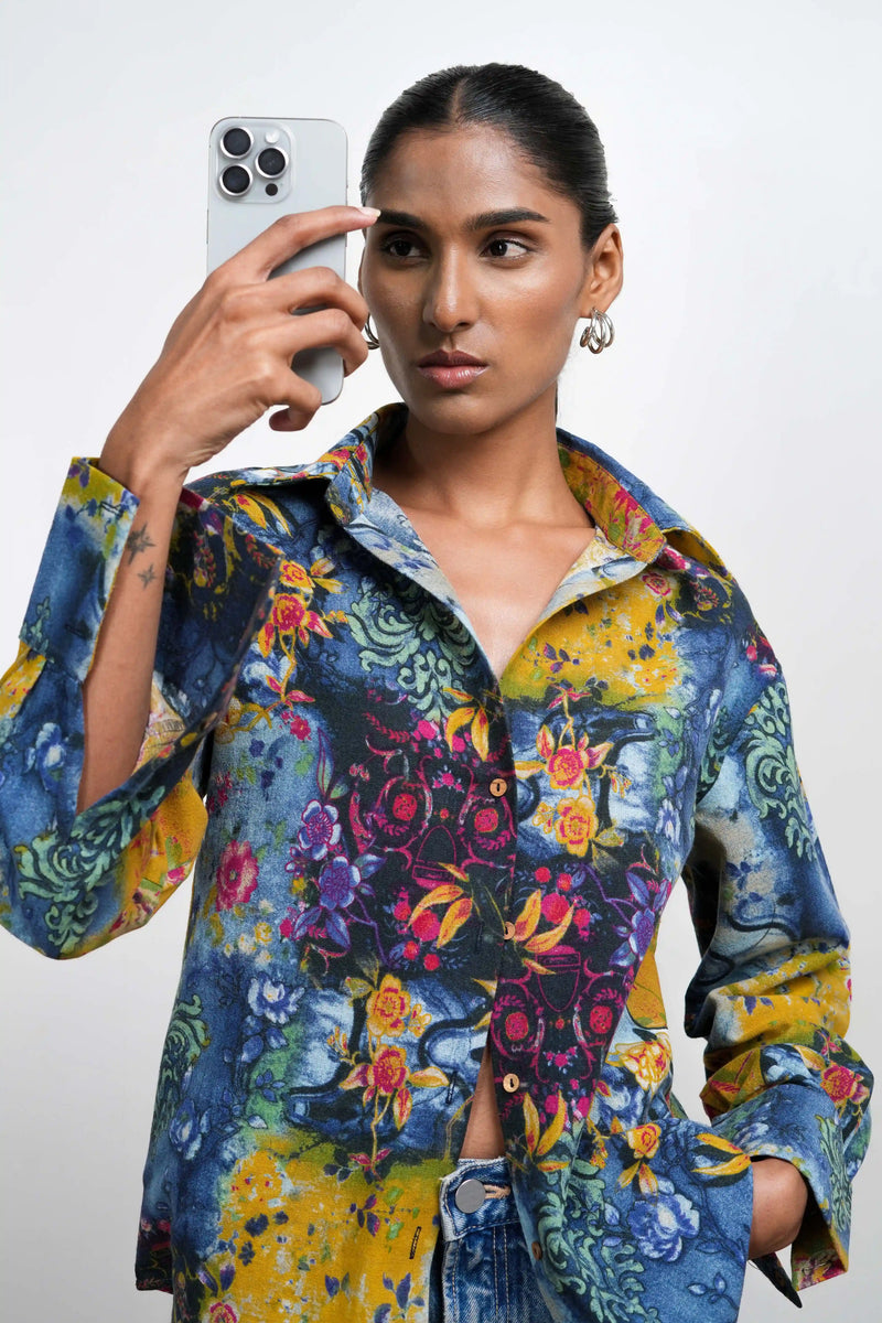 Printed Blue Linen Shirt