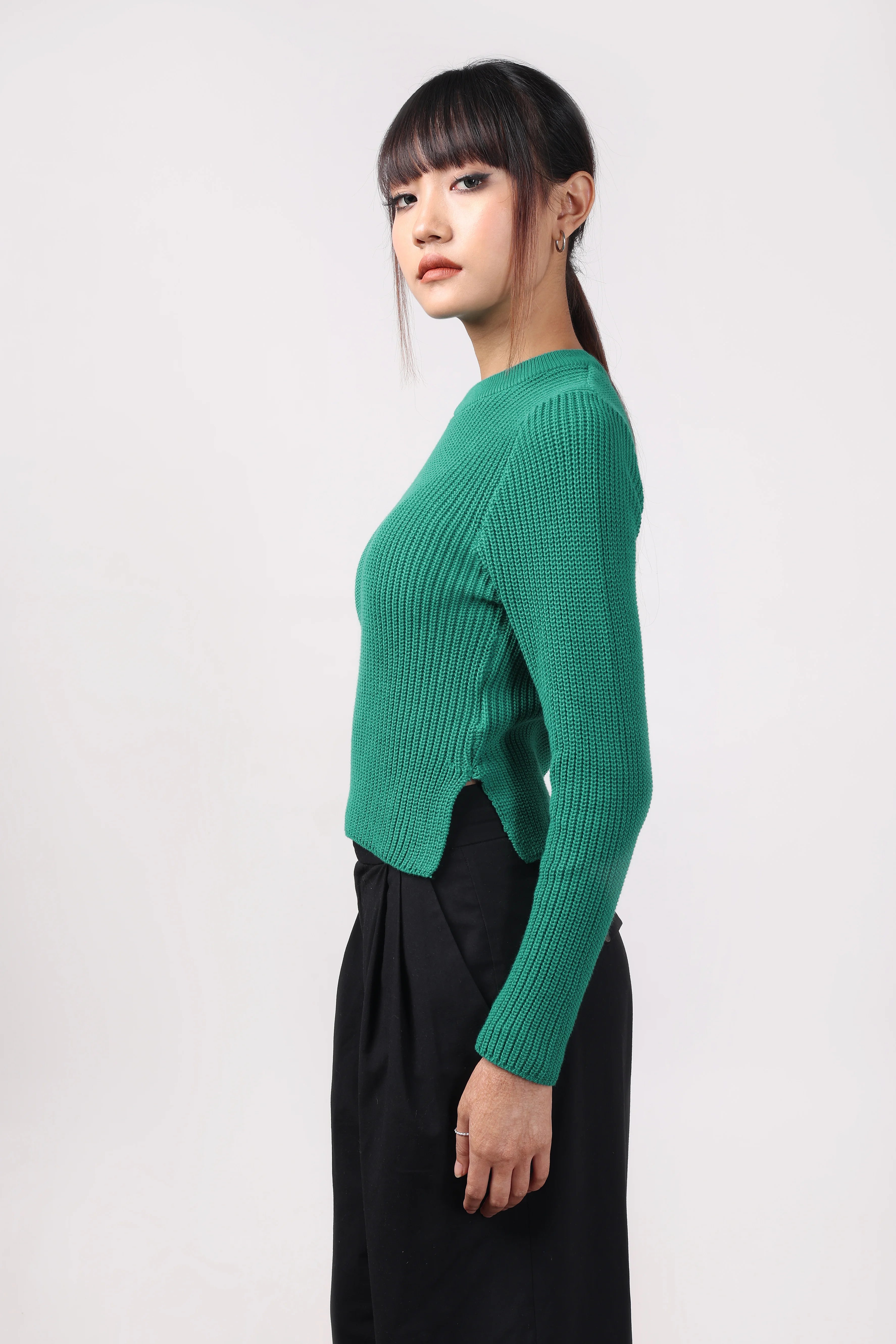 Green Knit Slit Top