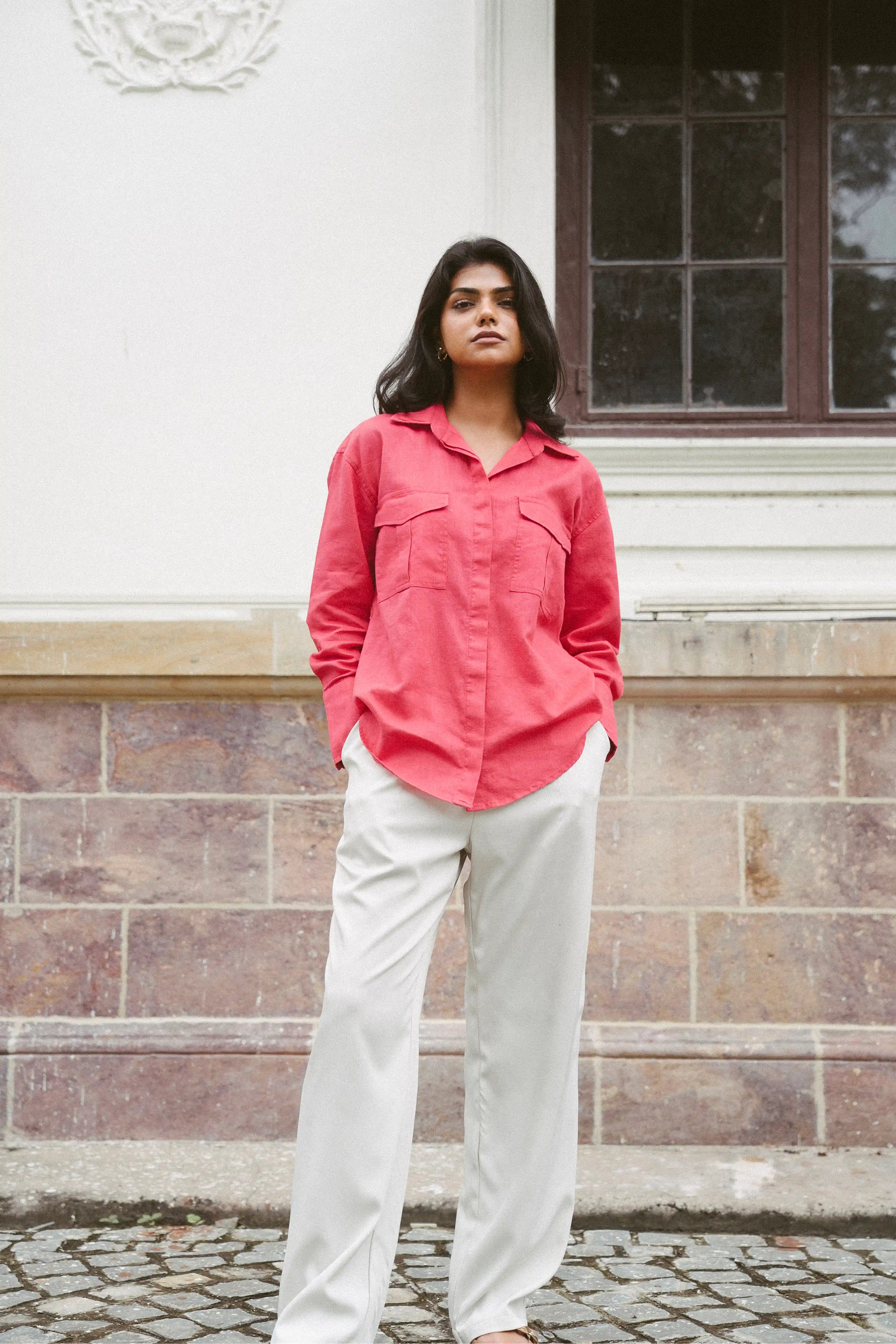 100% Linen Shirt in Red