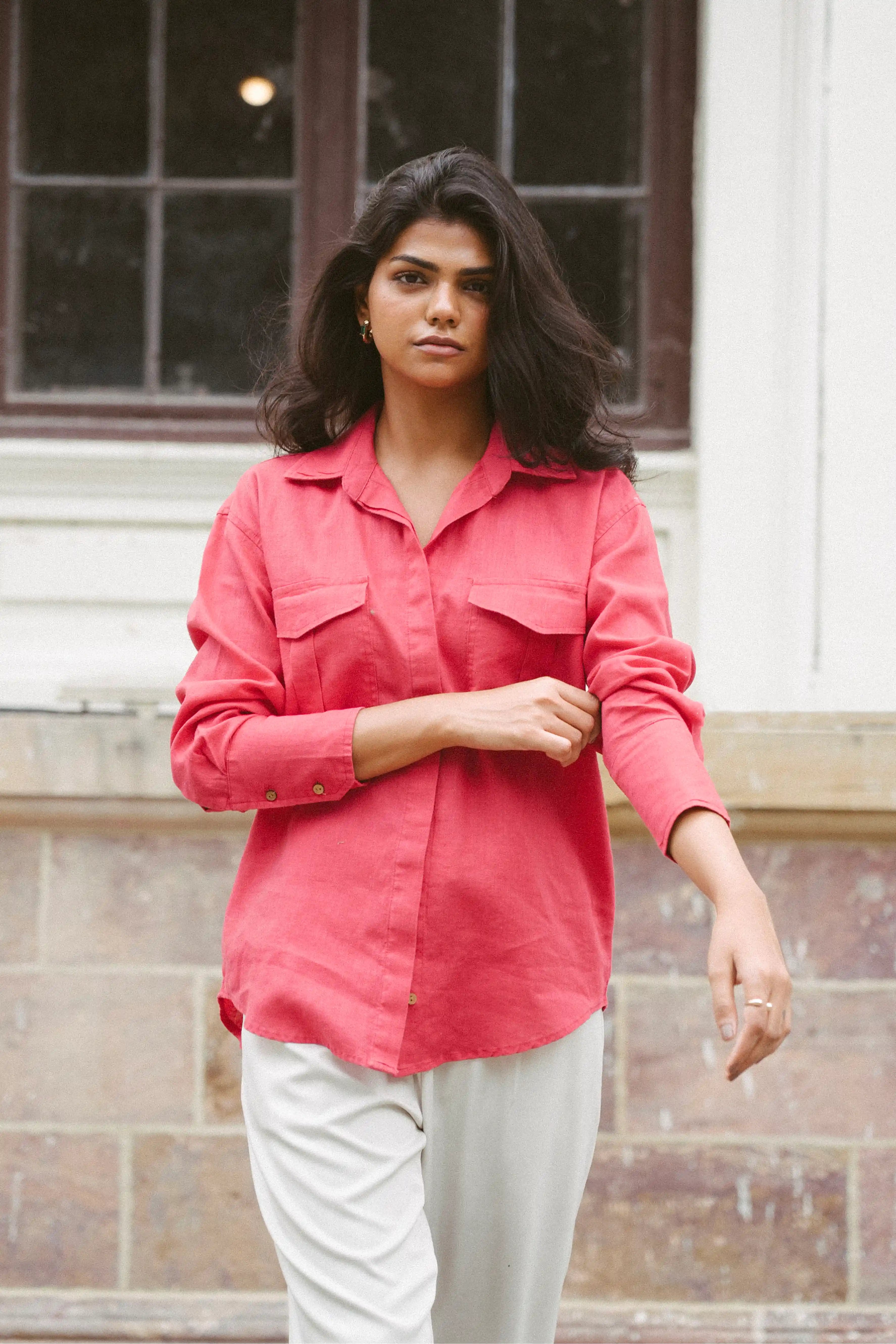 100% Linen Shirt in Red