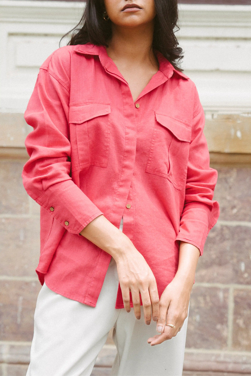 100% Linen Shirt in Red