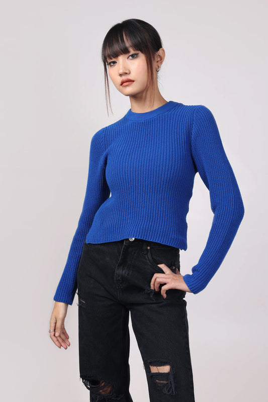 Blue Knit Slit Top