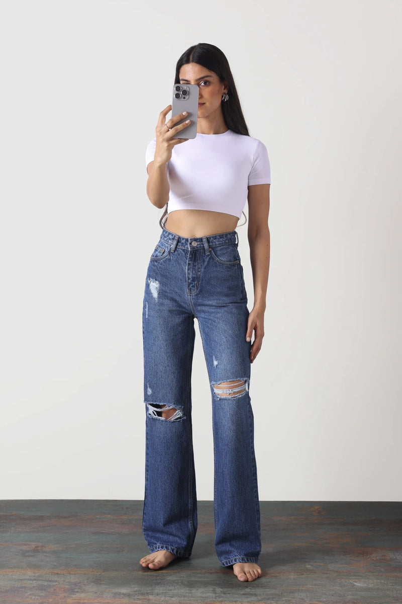 Dark Blue Straight Fit Ripped Jeans