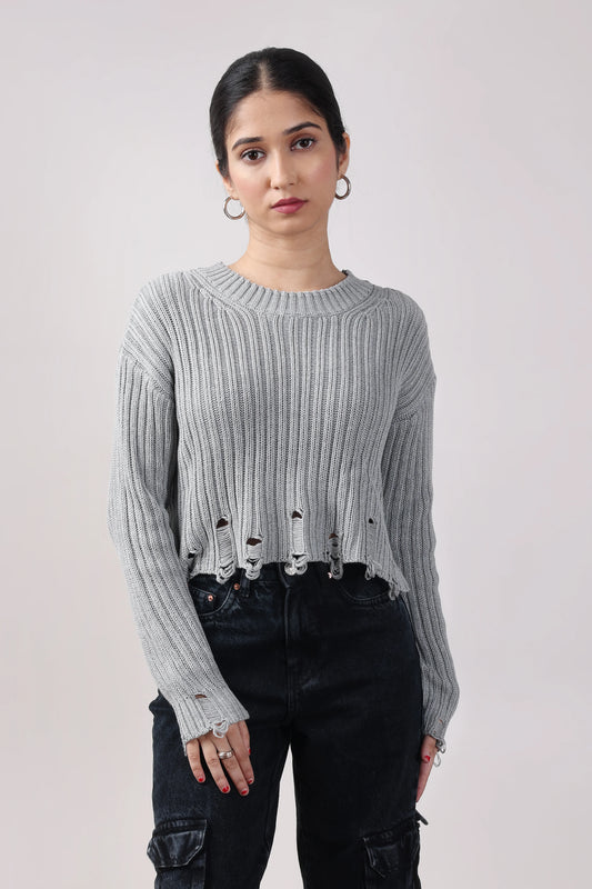 Grey Crop Ripped Sweater