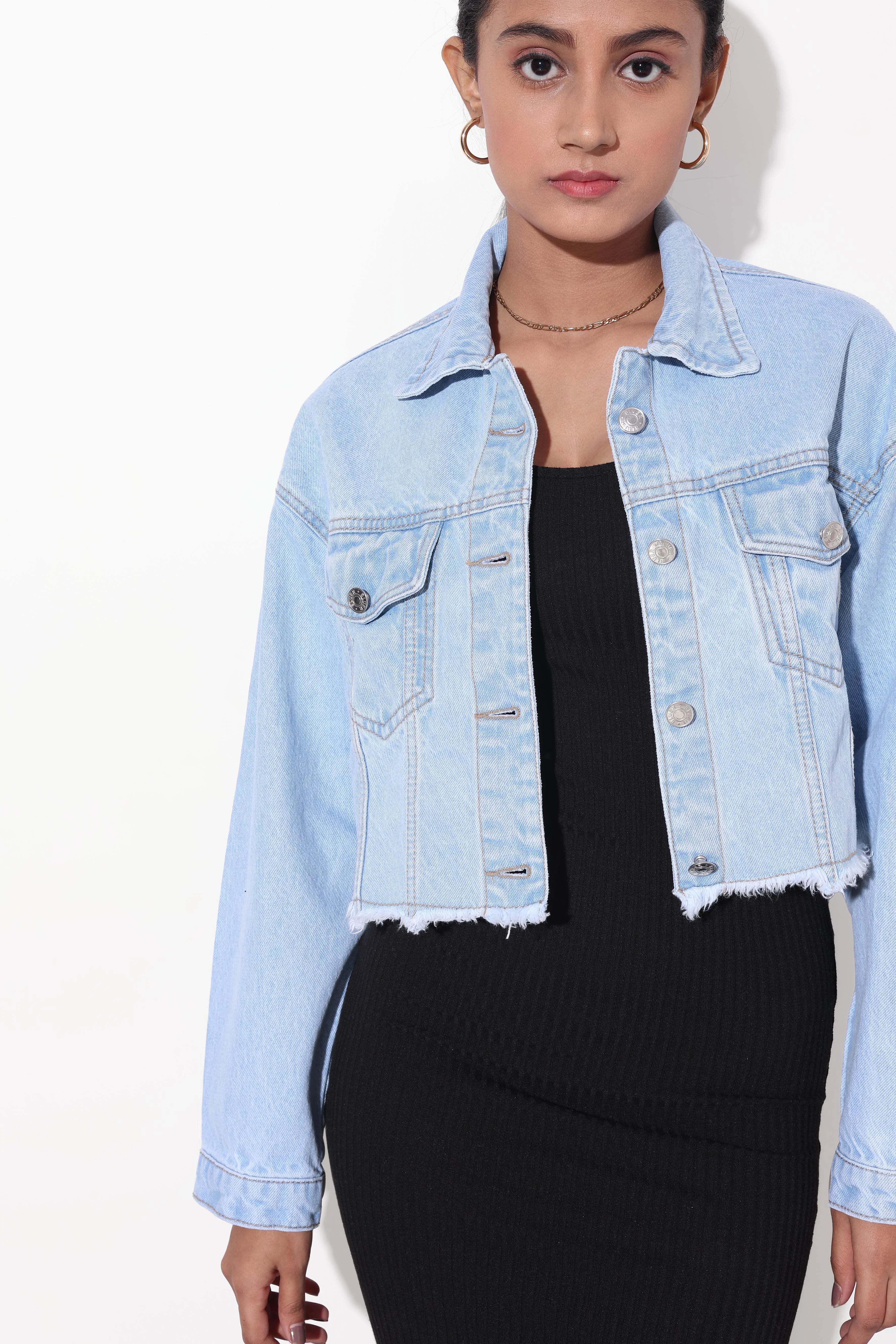 Buy online Women Blue Solid Denim Jacket from jackets and blazers and coats  for Women by Showoff for ₹1159 at 60% off | 2024 Limeroad.com