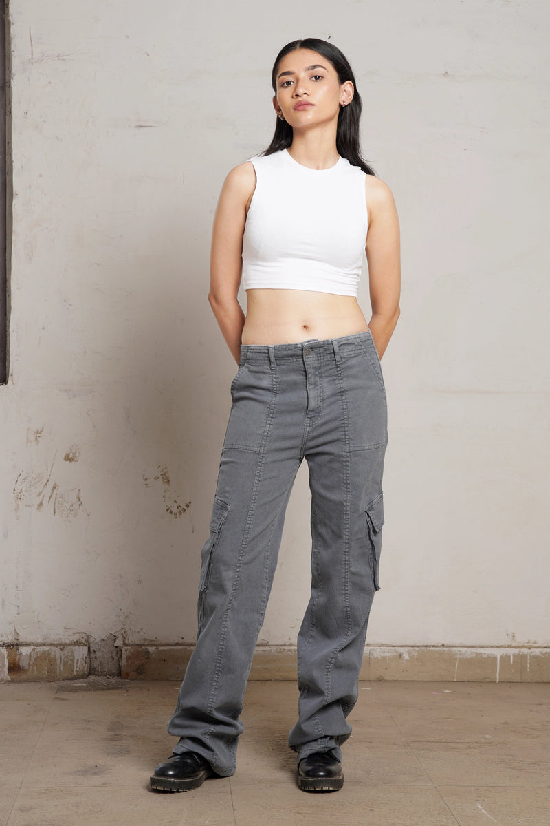 Grey Asymmetric Pocket Cargo Denim Bluer