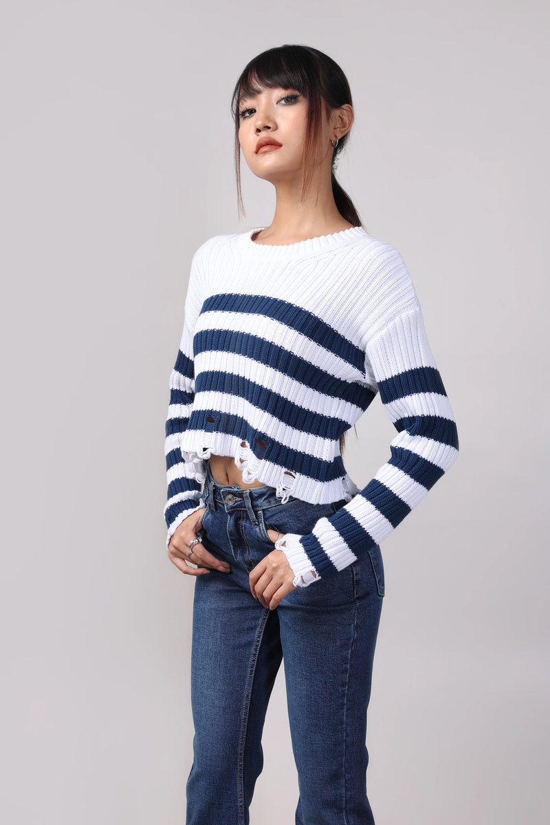 Nautical Crop Ripped Sweater