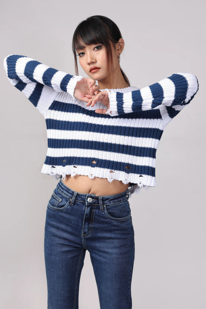 Nautical Crop Ripped Sweater