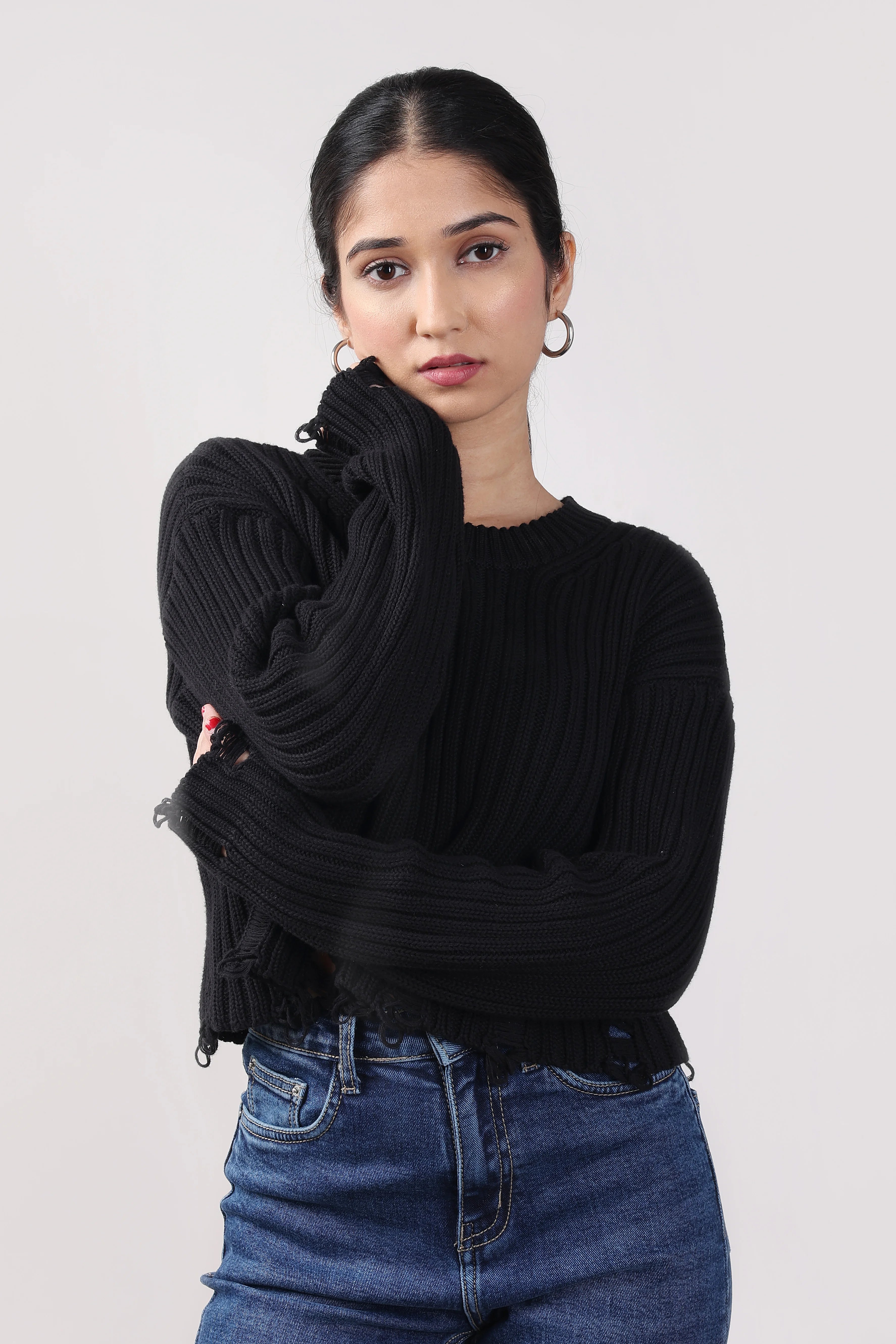 Charcoal Crop Ripped Sweater