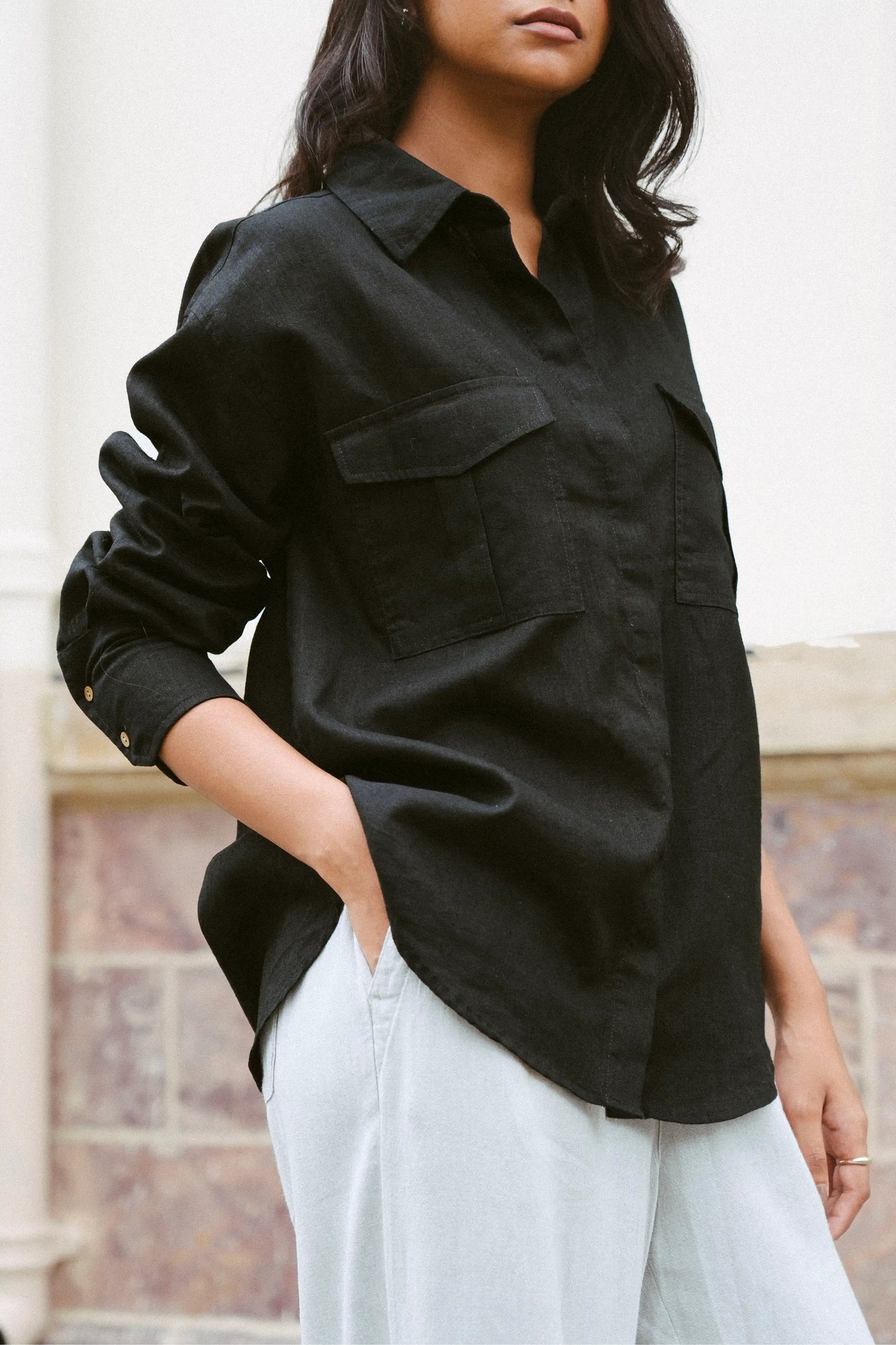 100% Linen Shirt in Black