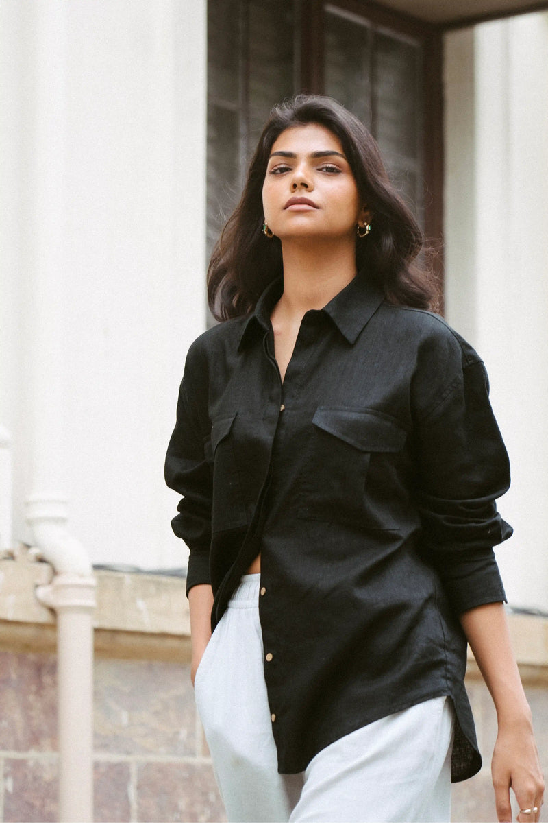 100% Linen Shirt in Black