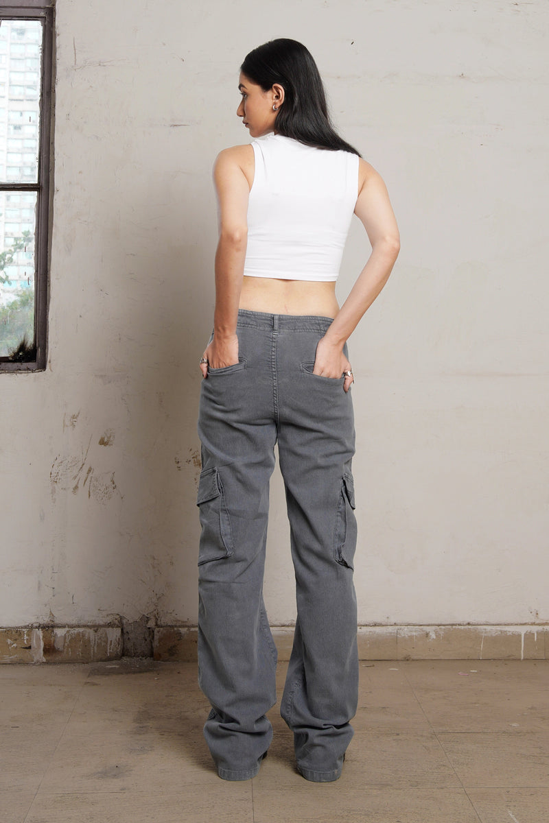 Grey Asymmetric Pocket Cargo Denim Bluer