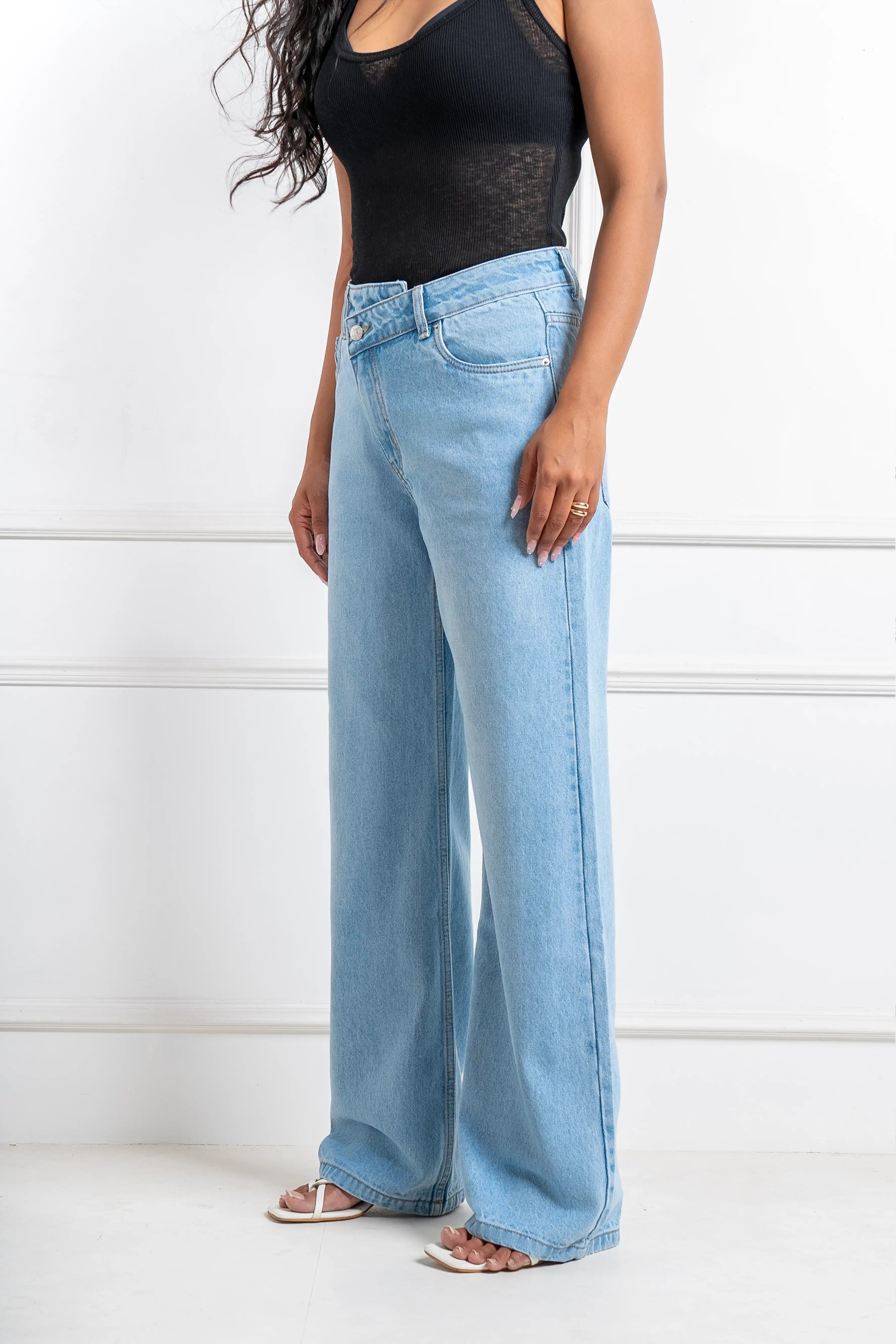 Blue Asymmetric Straight Fit Jeans