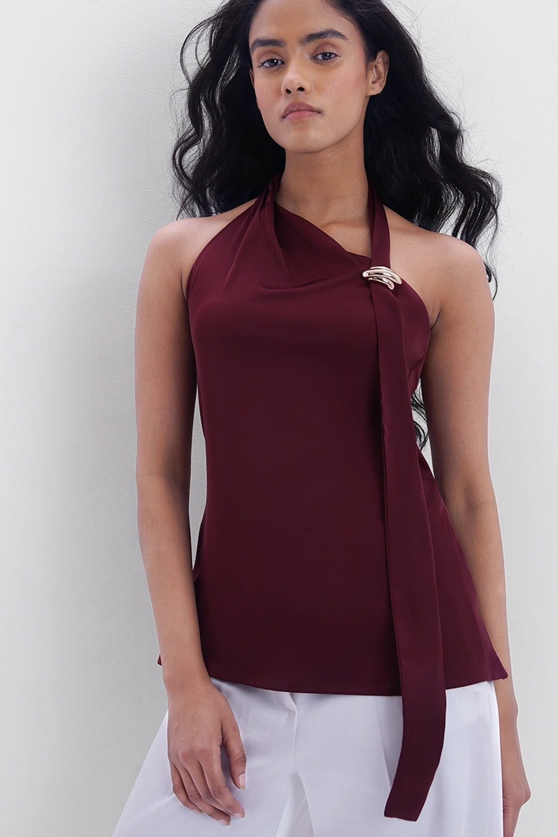 Accessorized Satin Top – Burgundy