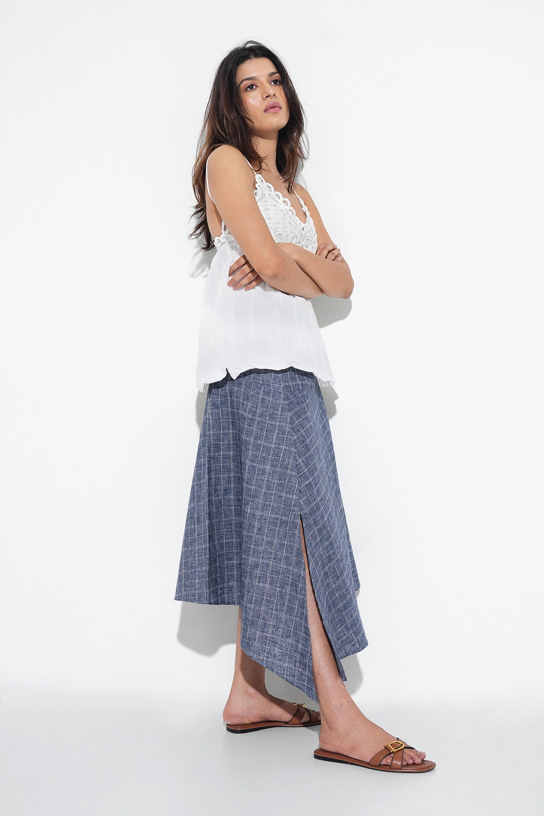 Asymmetric Checkered Slit Skirt