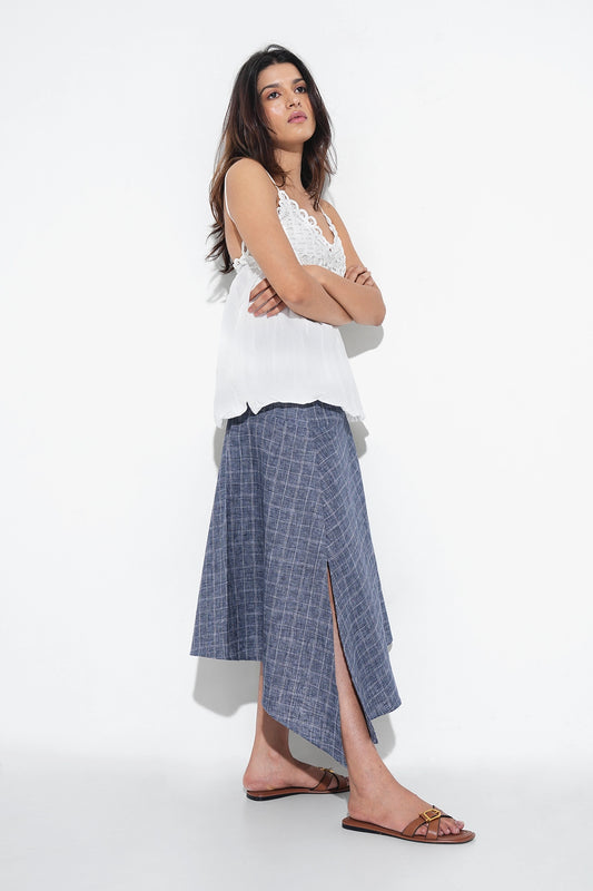 Asymmetric Checkered Slit Skirt