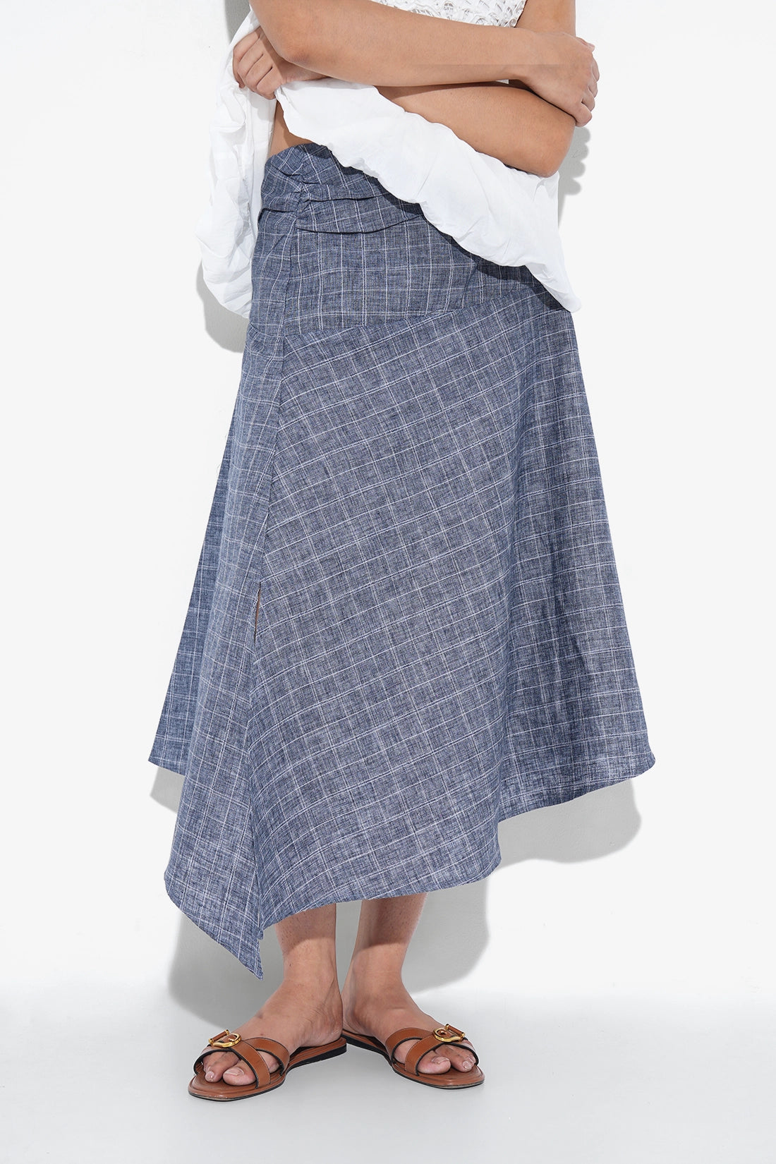 Asymmetric Checkered Slit Skirt