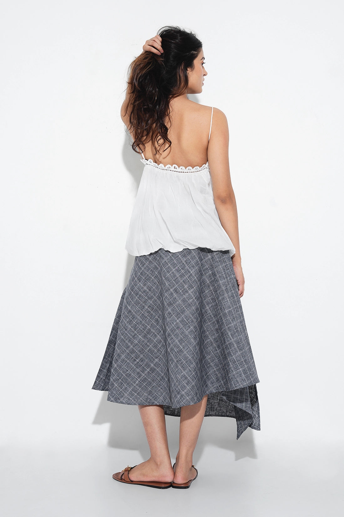 Asymmetric Checkered Slit Skirt