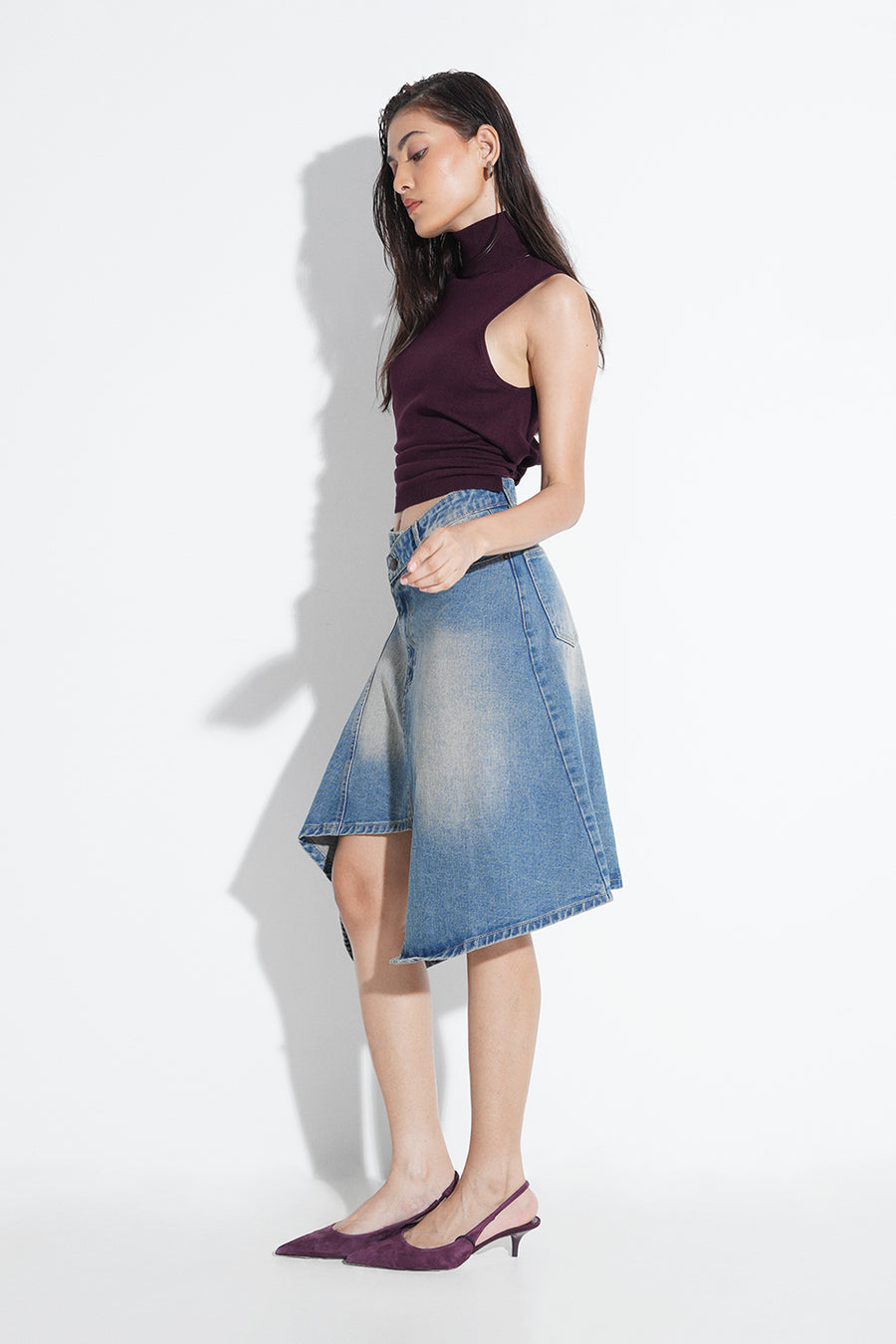 Asymmetric Midi Denim Skirt