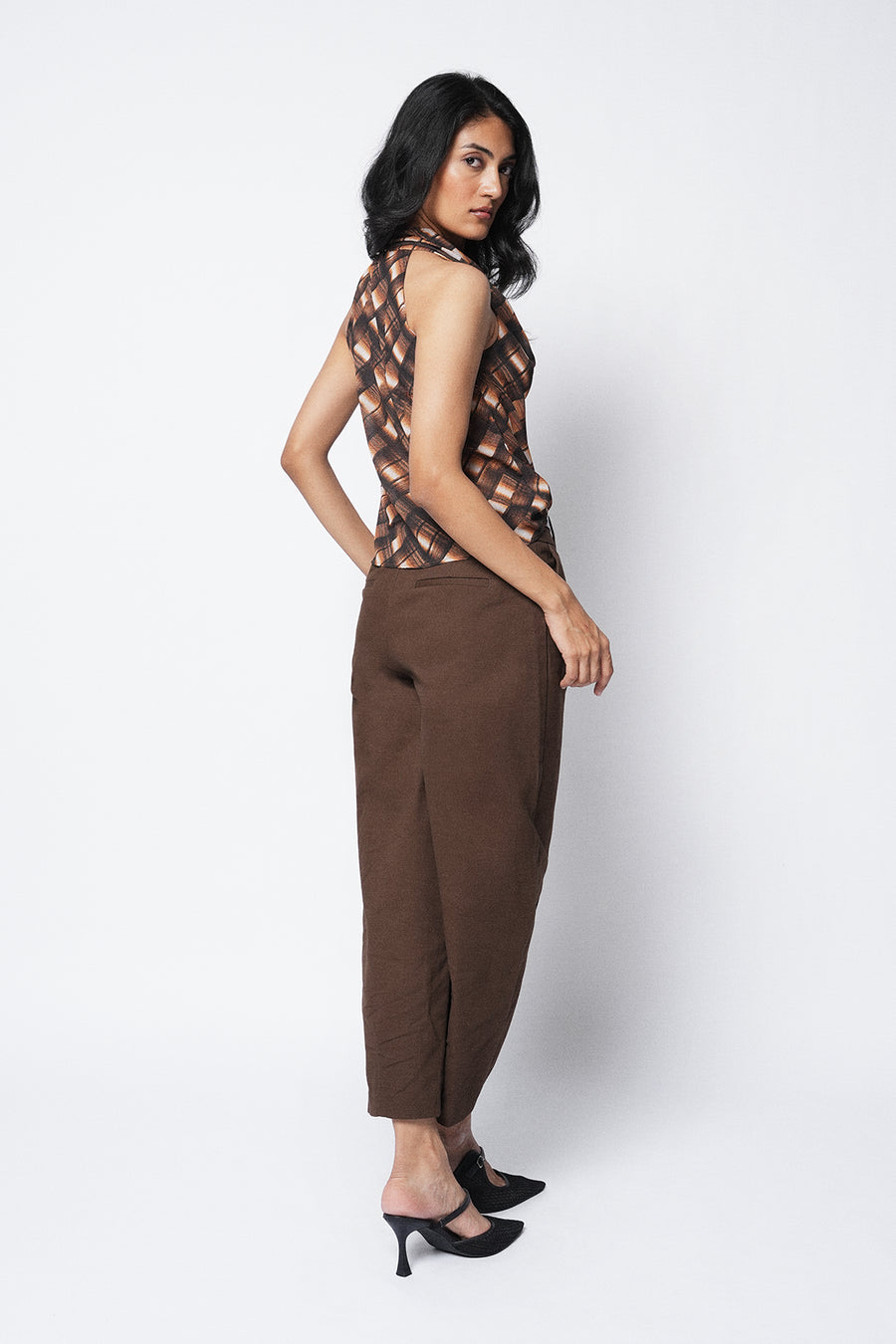 Asymmetric Checkered Cowl Top