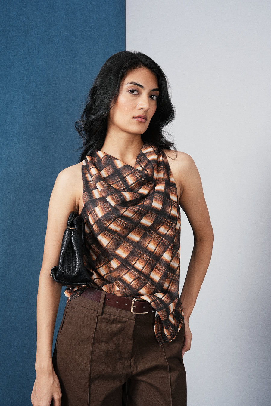 Asymmetric Checkered Cowl Top