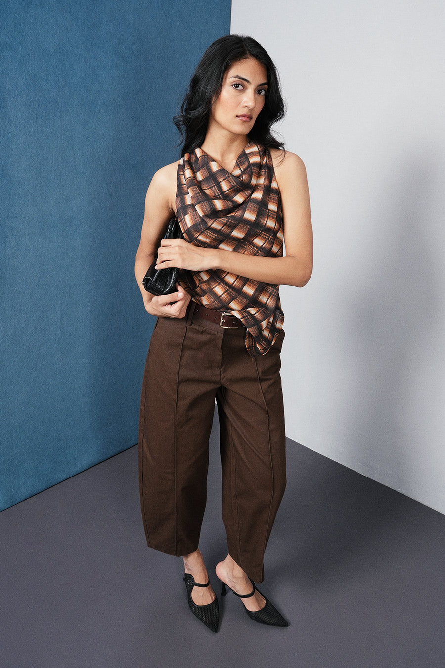Asymmetric Checkered Cowl Top