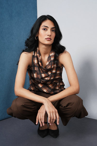 Asymmetric Checkered Cowl Top