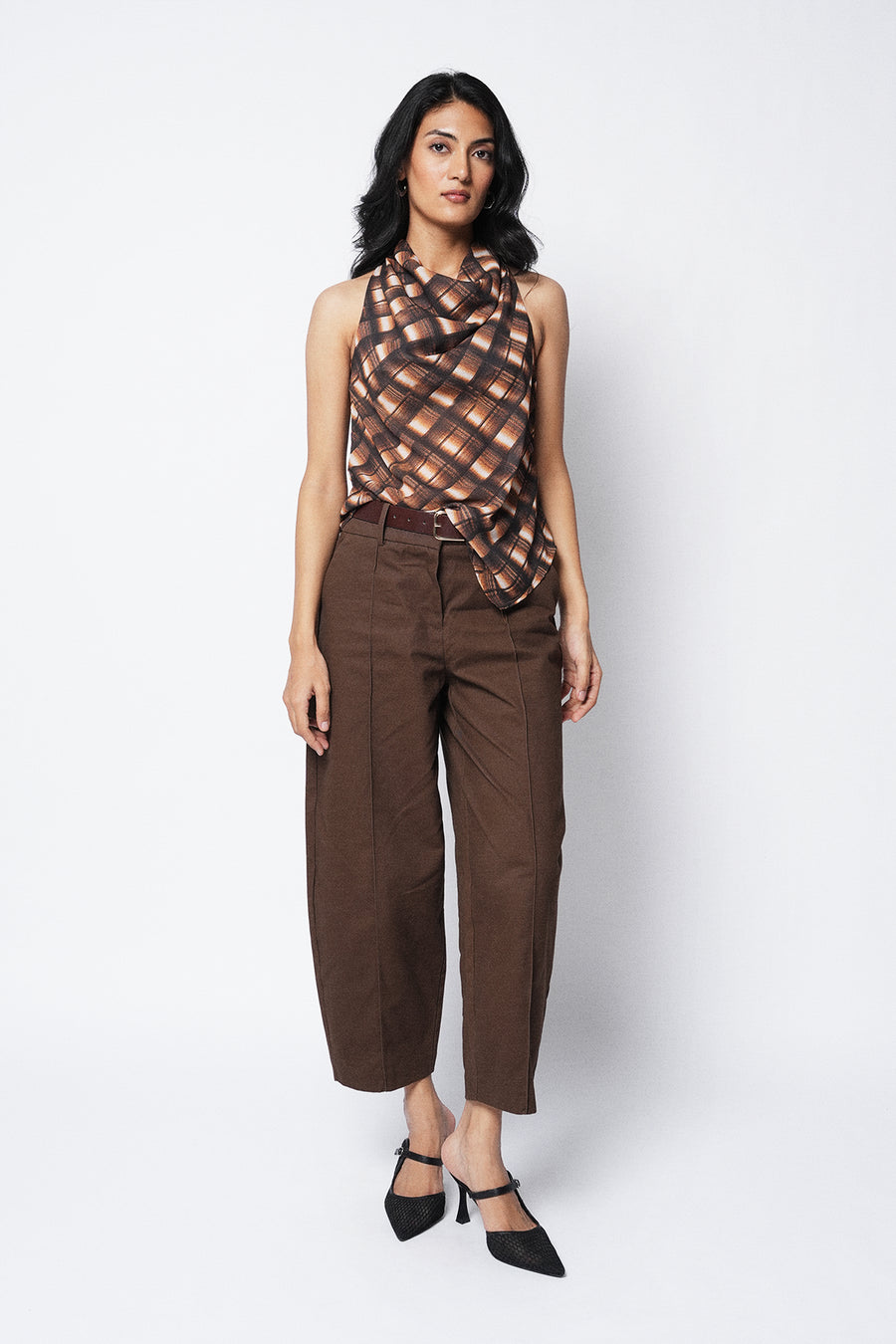 Asymmetric Checkered Cowl Top