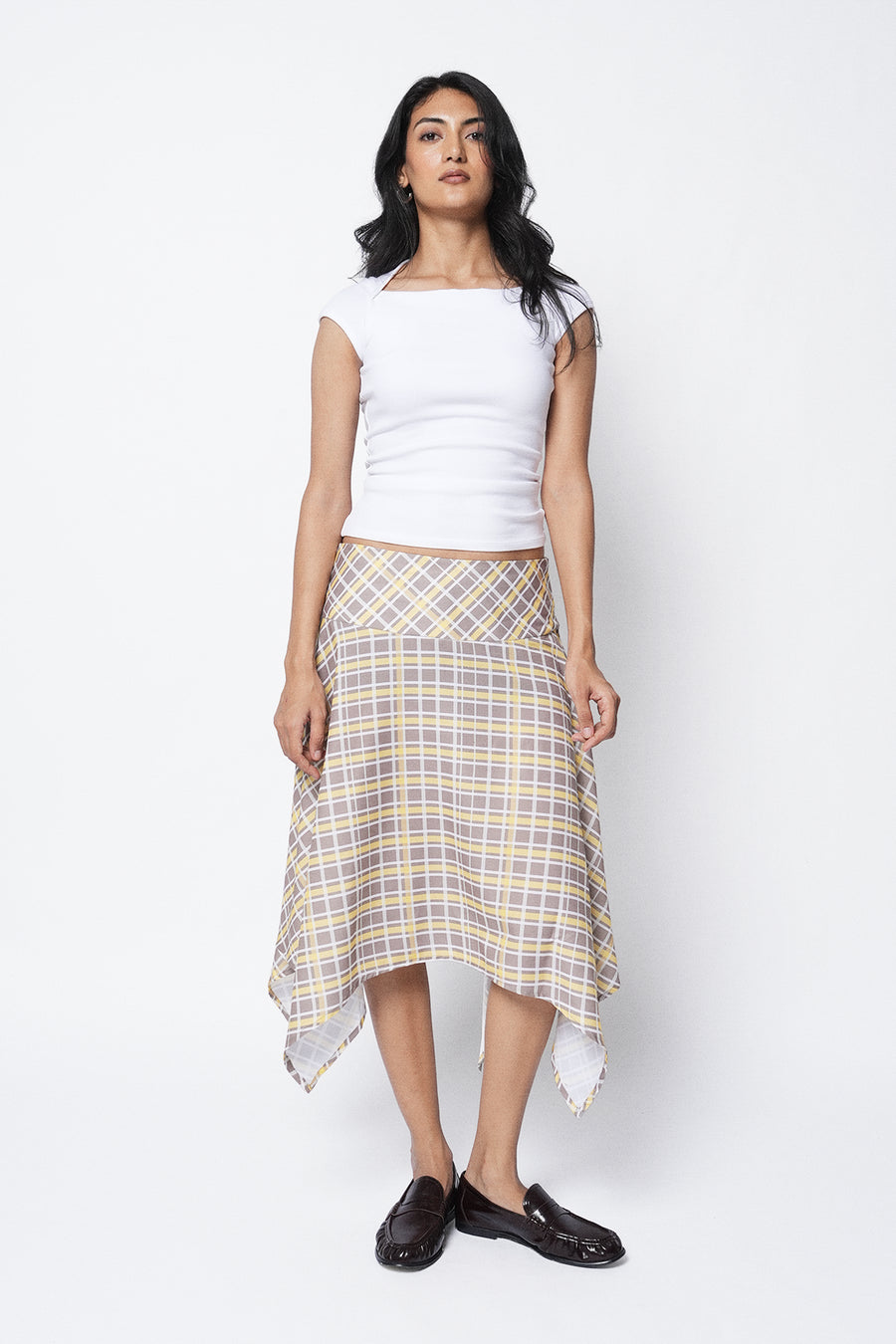 Asymmetric Checkered Midi Skirt